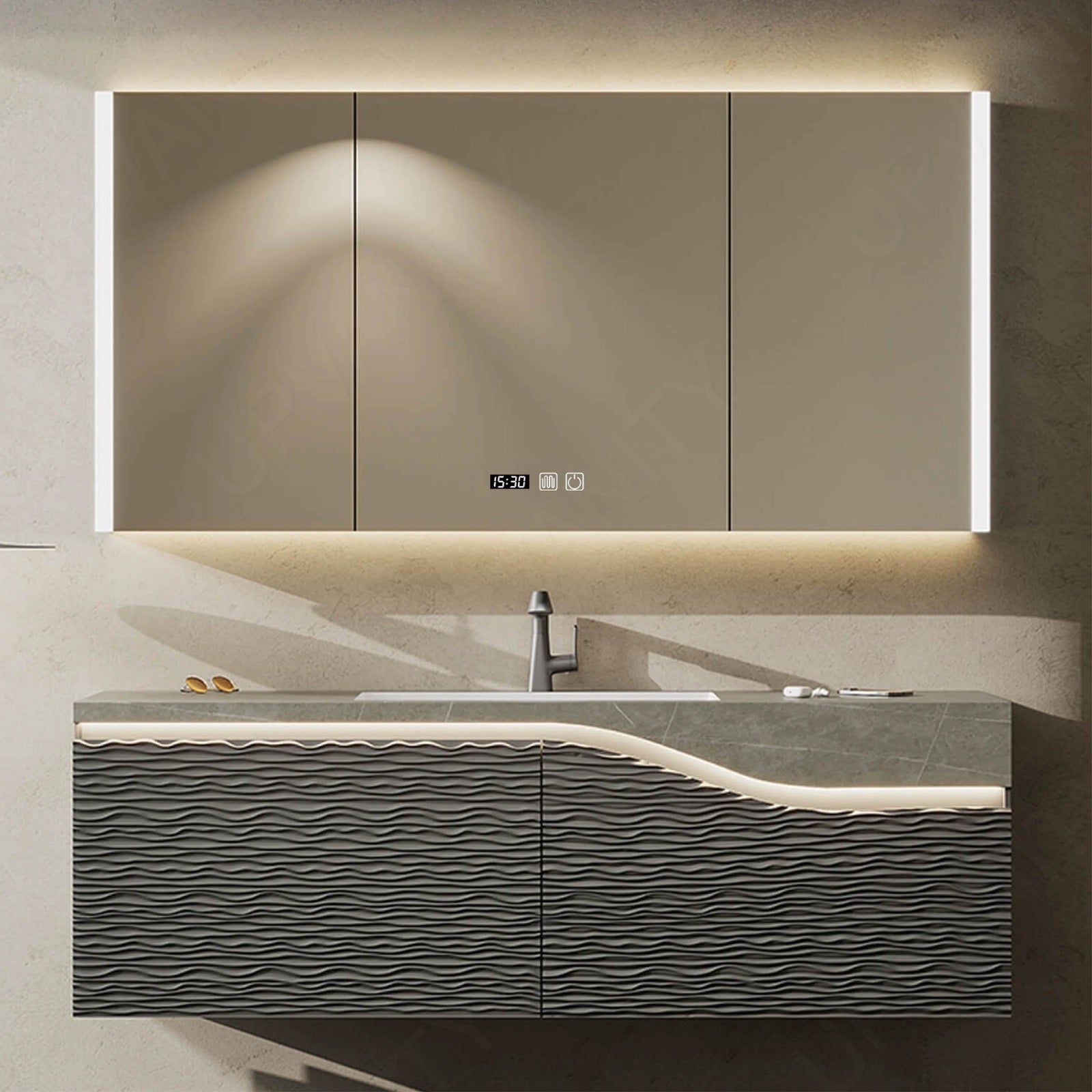Modern Bath Vanity Set, Gray, Wavy Pattern, 36"- 64", Single, Floating, Sensor Light, Smart LED Mirror, Rear Cabinet