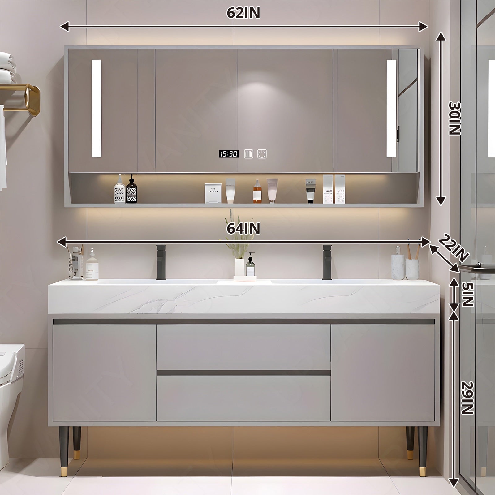 Modern Bath Vanity Set, Gray, White Marble Textured Top, 48"- 64", Single, Freestanding, Smart LED Mirror, Rear Cabinet