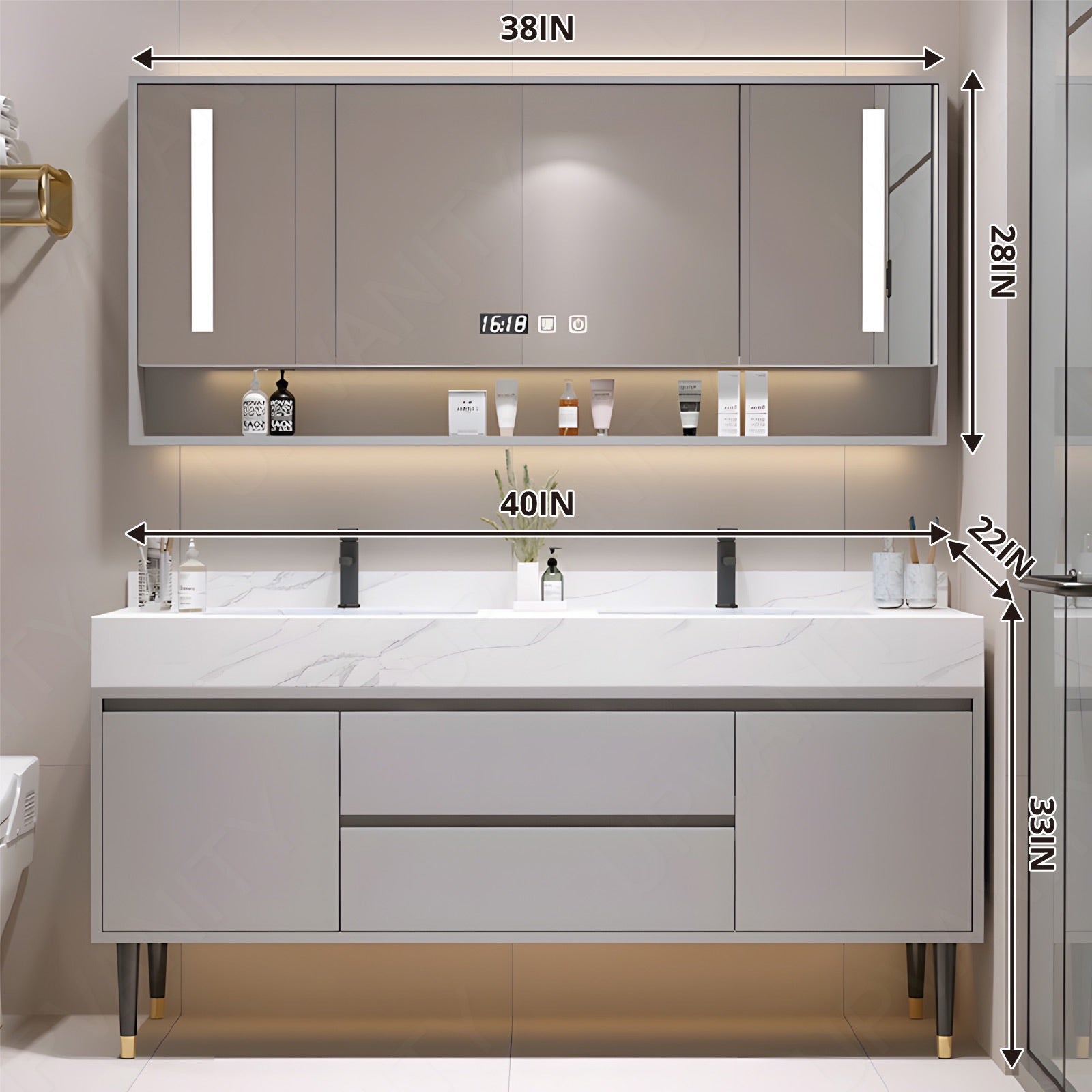 Modern Bath Vanity Set, Gray, White Marble Textured Top, 36"- 48", Single, Freestanding, Smart LED Mirror, Rear Cabinet