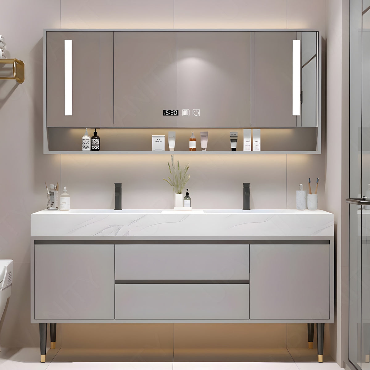 Modern Bath Vanity Set, Gray, White Marble Textured Top, 48"- 64", Single, Freestanding, Smart LED Mirror, Rear Cabinet
