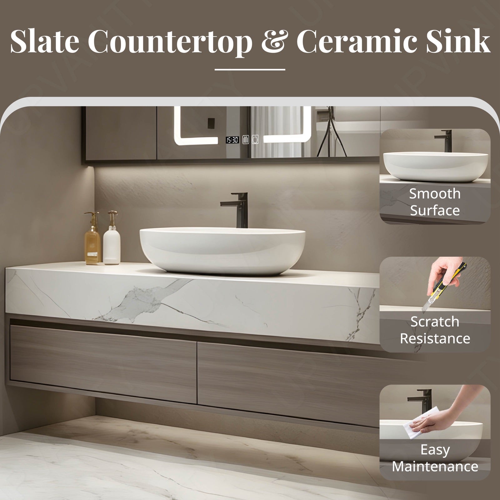 Modern Bath Vanity Set, Gray, White Marble Textured Top, 36"-52", Single, Floating, Vessel Sink, Smart LED Mirror, Rear Cabinet