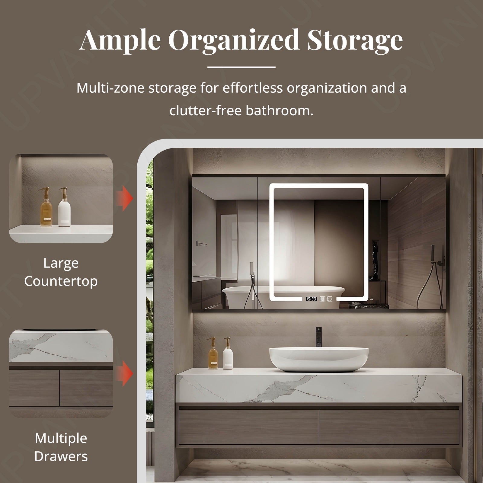 Modern Bath Vanity Set, Gray, White Marble Textured Top, 36"-52", Single, Floating, Vessel Sink, Smart LED Mirror, Rear Cabinet
