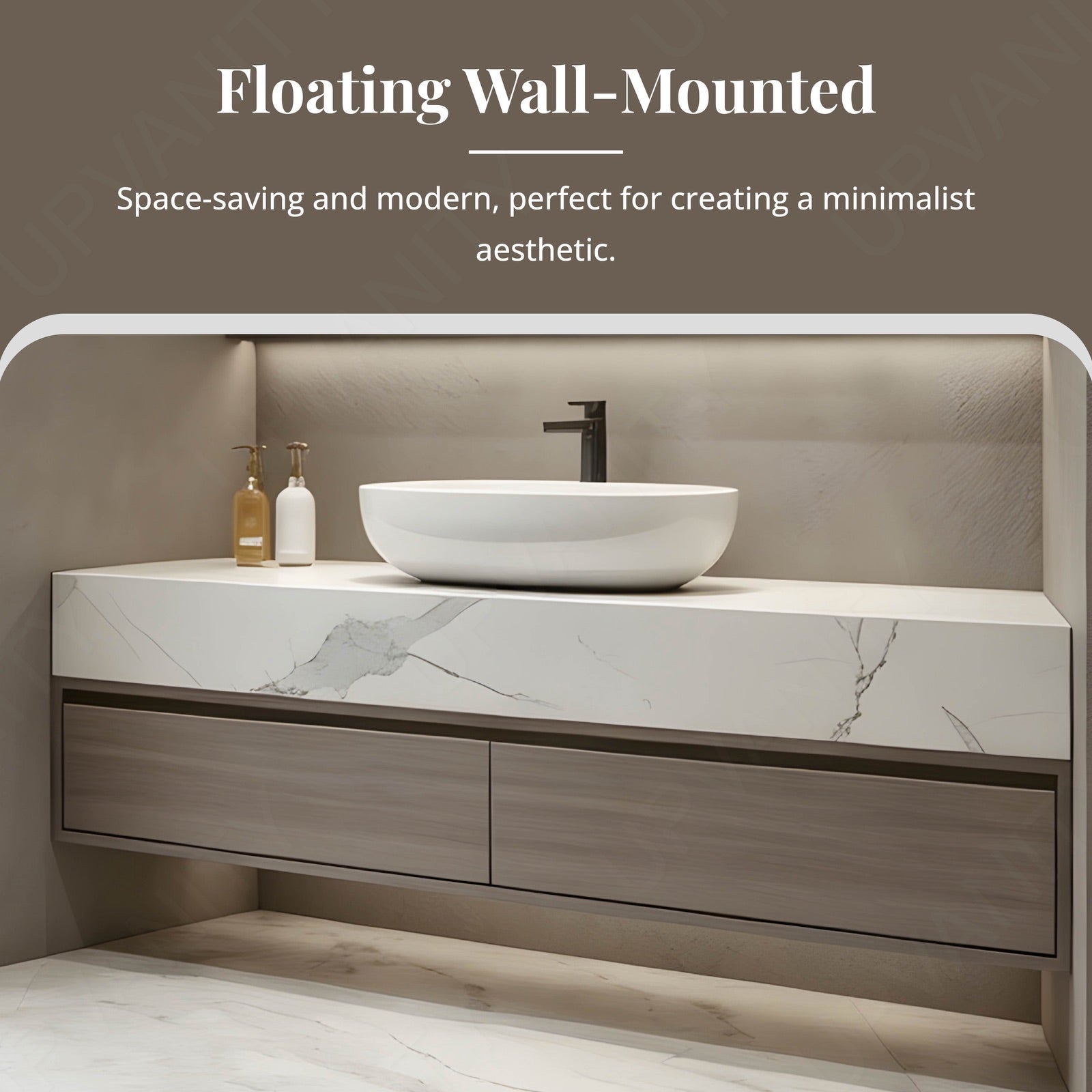 Modern Bath Vanity Set, Gray, White Marble Textured Top, 36"-52", Single, Floating, Vessel Sink, Smart LED Mirror, Rear Cabinet