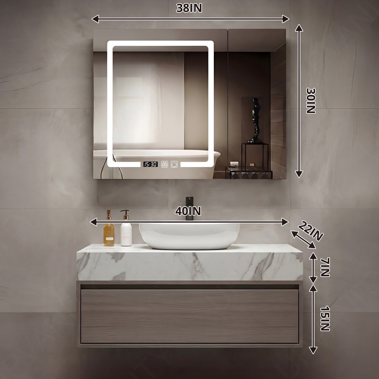 Modern Bath Vanity Set, Gray, White Marble Textured Top, 36"-52", Single, Floating, Vessel Sink, Smart LED Mirror, Rear Cabinet