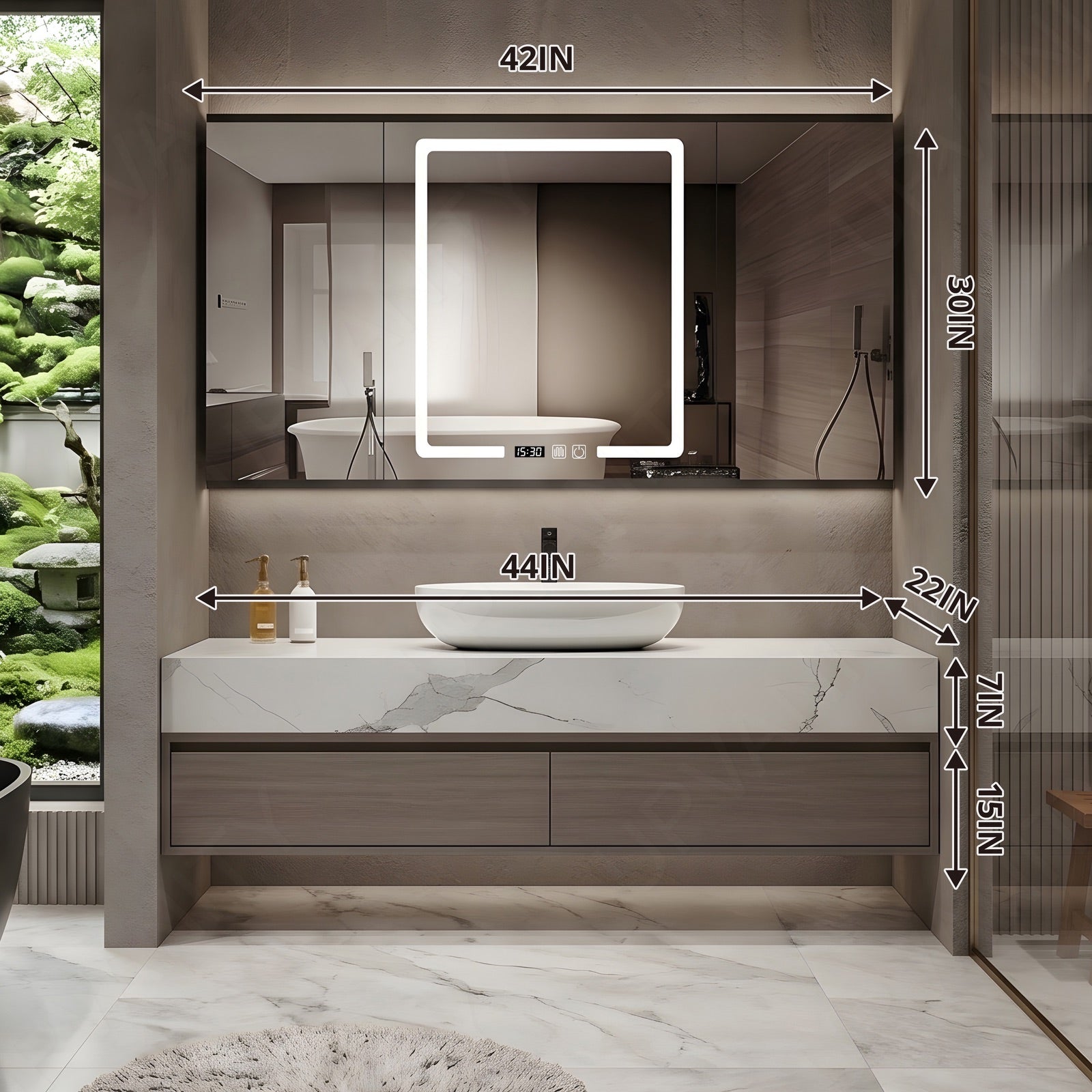 Modern Bath Vanity Set, Gray, White Marble Textured Top, 36"-52", Single, Floating, Vessel Sink, Smart LED Mirror, Rear Cabinet