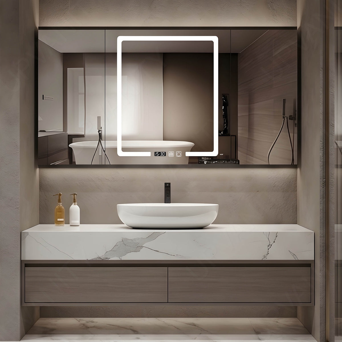 Modern Bath Vanity Set, Gray, White Marble Textured Top, 36"-52", Single, Floating, Vessel Sink, Smart LED Mirror, Rear Cabinet