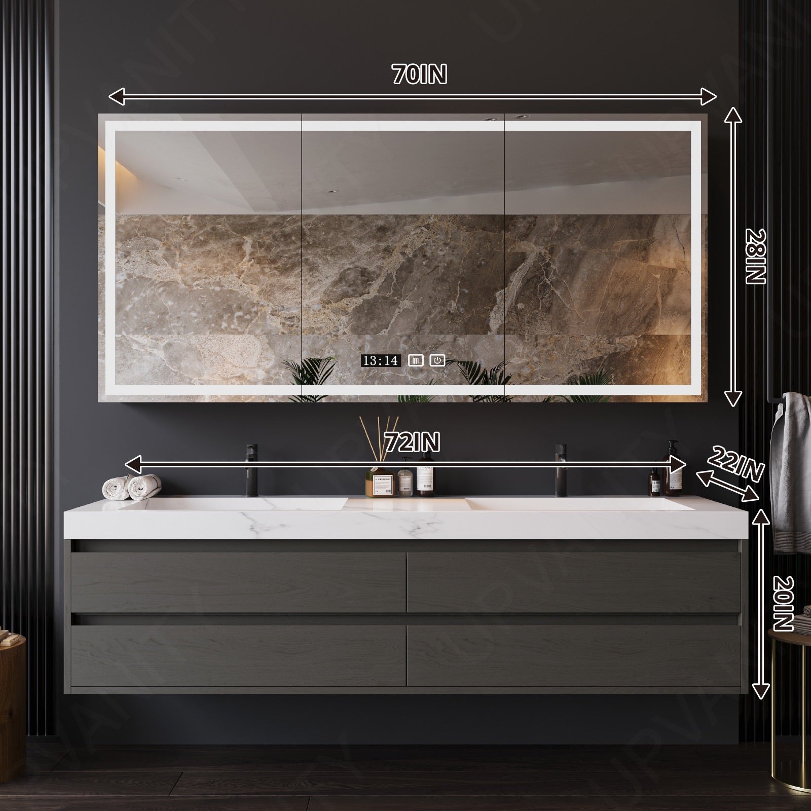 Modern Bath Vanity Set, Gray, White Marble Textured Top, 56"-78", Double, Floating, Sectional Storage, Smart LED Mirror, Rear Cabinet