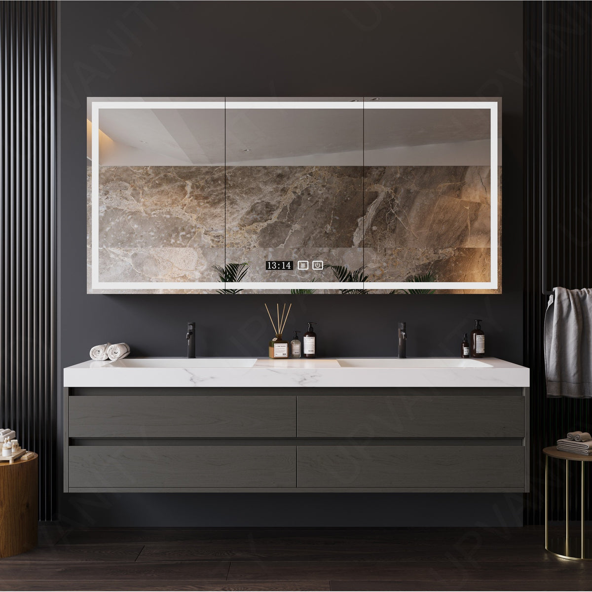 Modern Bath Vanity Set, Gray, White Marble Textured Top, 56"-78", Double, Floating, Sectional Storage, Smart LED Mirror, Rear Cabinet
