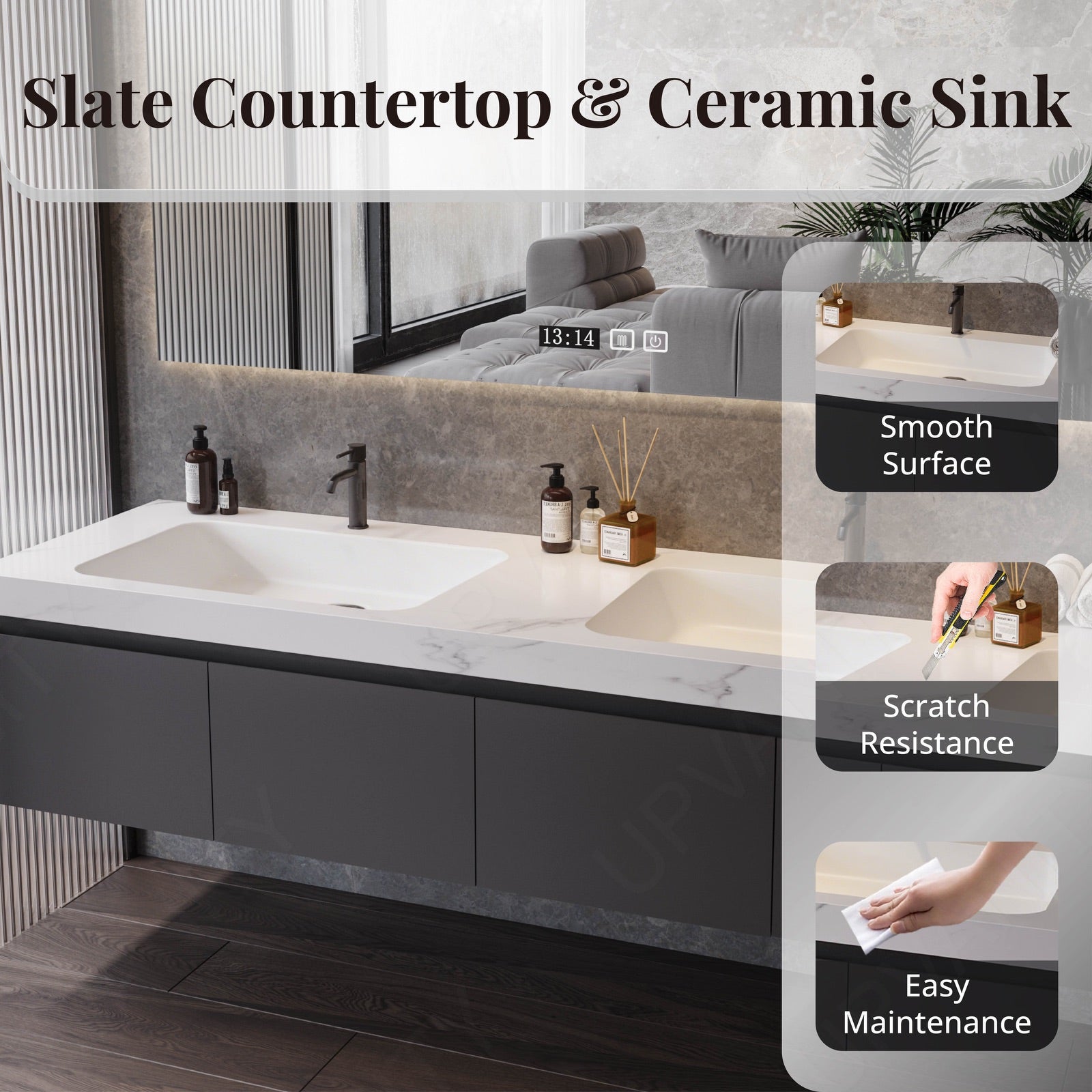 Column Vanity Modern Bath Vanity Set, White, Textured Column, Open Storage, 72