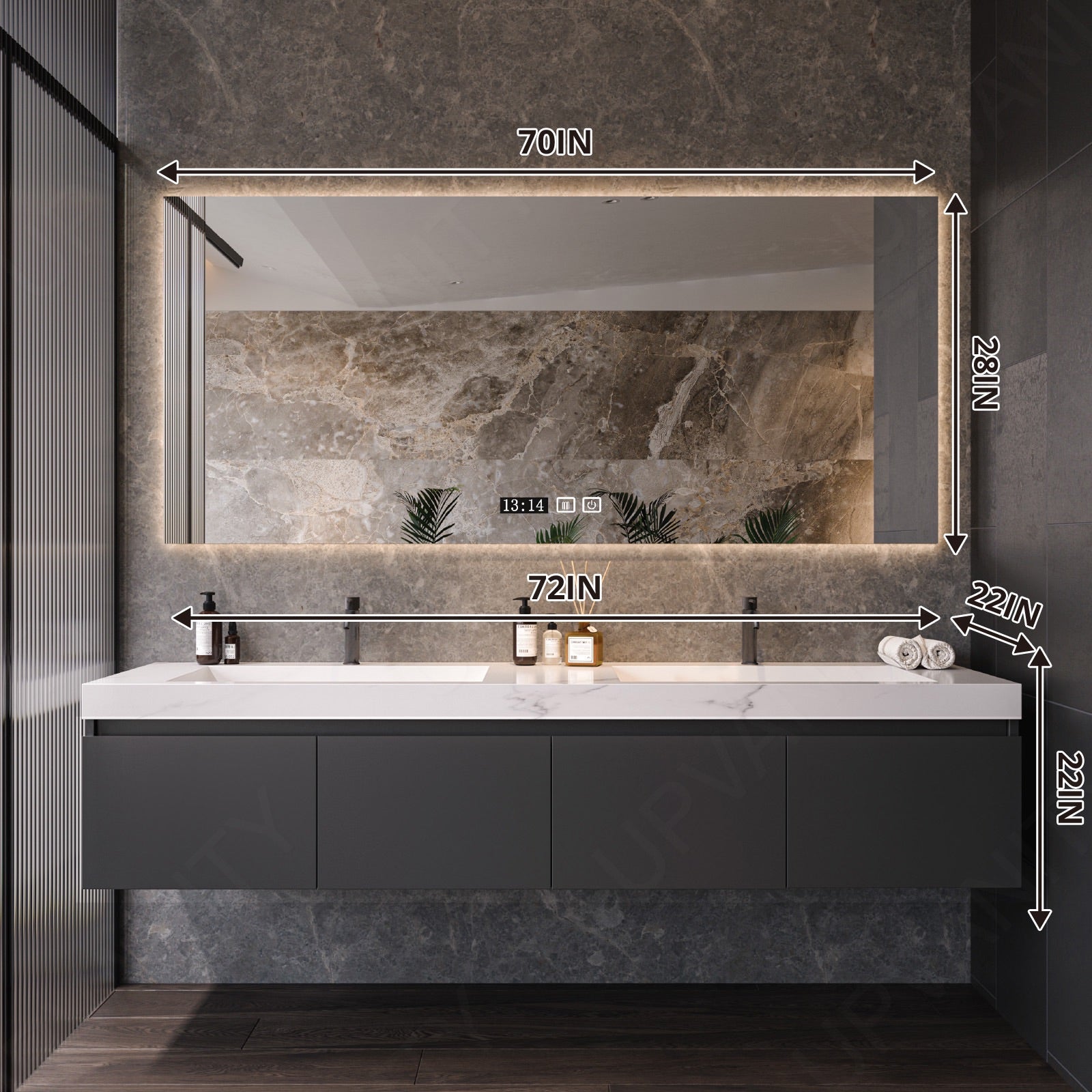 Modern Bath Vanity Set, Gray, White Marble Textured Top, 56"-78", Double, Floating, Spacious Storage, Smart LED Mirror