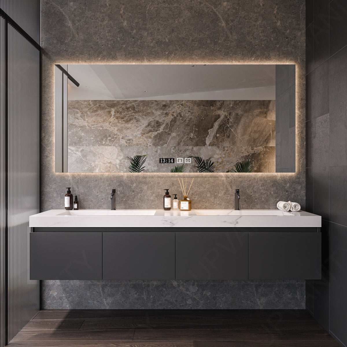 Modern Bath Vanity Set, Gray, White Marble Textured Top, 56"-78", Double, Floating, Spacious Storage, Smart LED Mirror