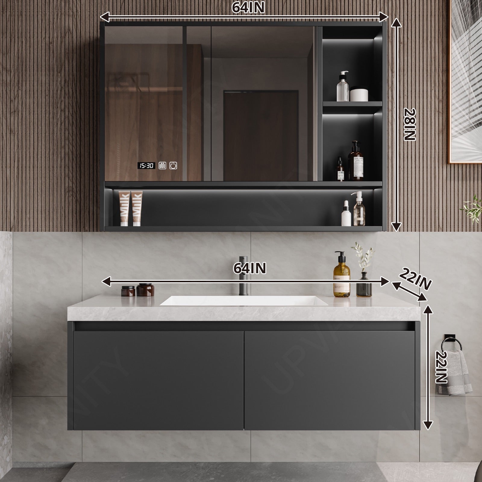 Modern Bath Vanity Set, Gray, White Marble Textured Top, Open Storage, 40"-64", Single, Floating, Smart LED Mirror, Rear Cabinet