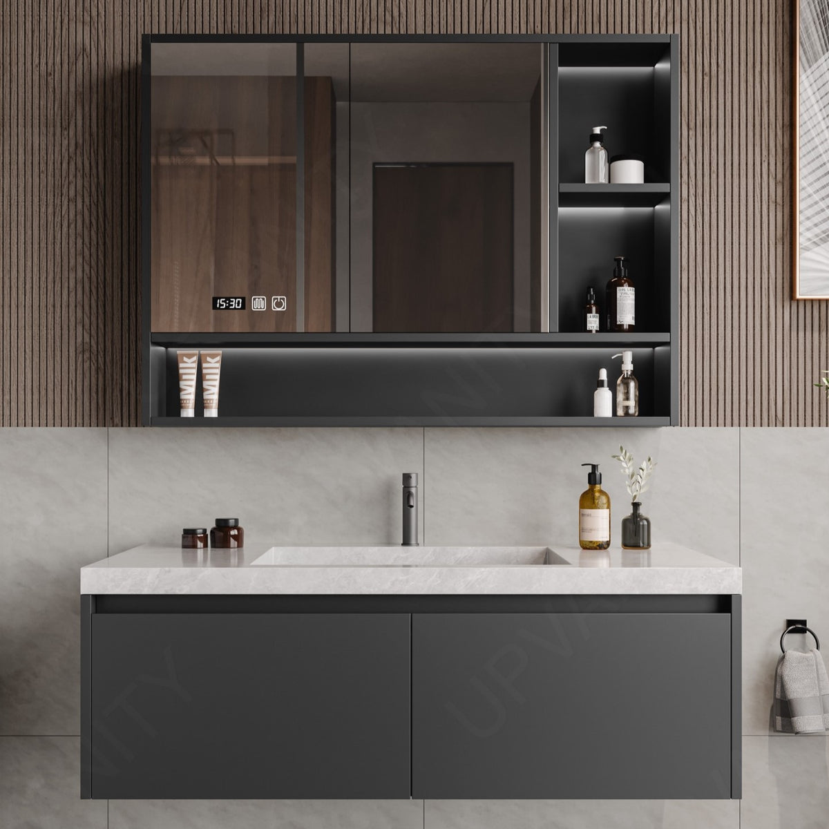 Modern Bath Vanity Set, Gray, White Marble Textured Top, Open Storage, 40"-64", Single, Floating, Smart LED Mirror, Rear Cabinet
