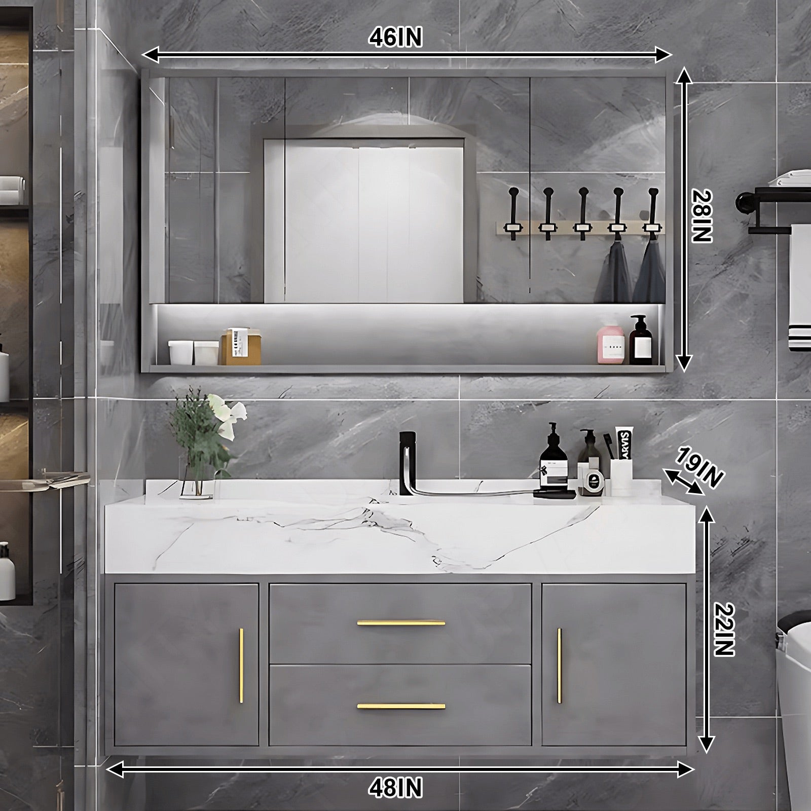 Modern Bath Vanity Set, Gray, White Slate Top, 32"- 48", Single, Floating, Smart LED Mirror, Rear Cabinet