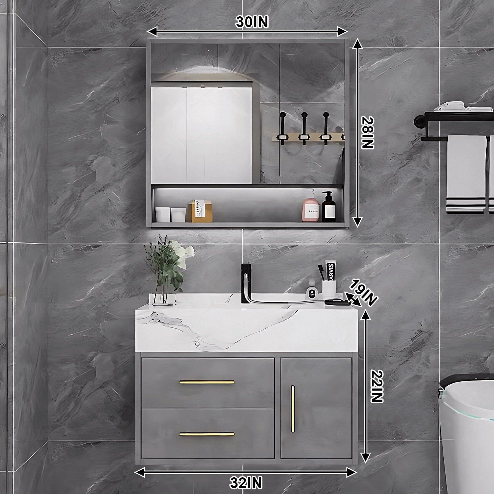 Modern Bath Vanity Set, Gray, White Slate Top, 32"- 48", Single, Floating, Smart LED Mirror, Rear Cabinet