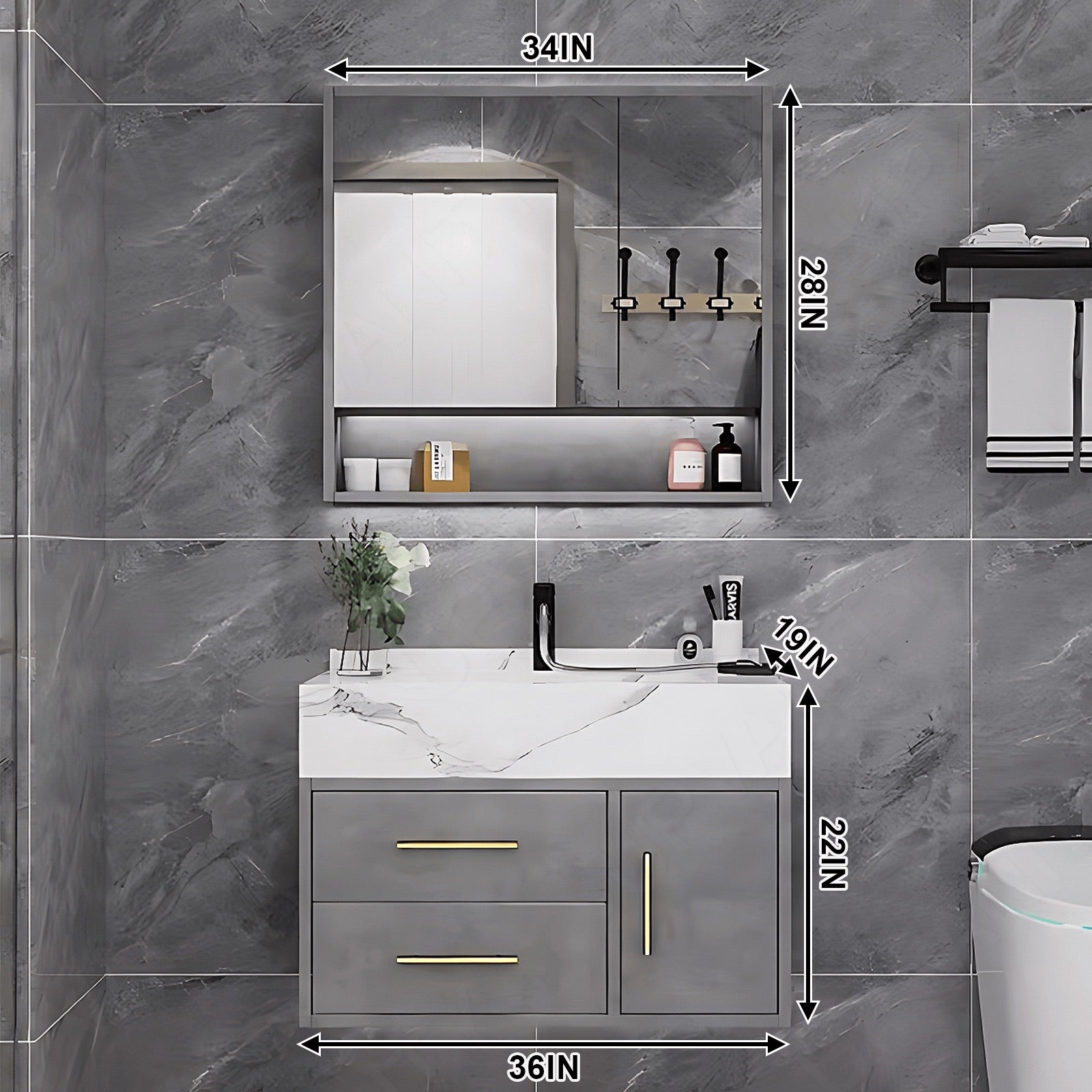 Modern Bath Vanity Set, Gray, White Slate Top, 32"- 48", Single, Floating, Smart LED Mirror, Rear Cabinet