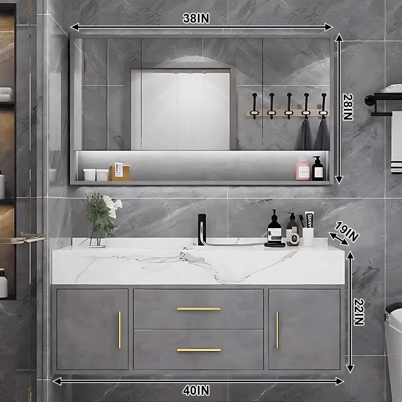 Modern Bath Vanity Set, Gray, White Slate Top, 32"- 48", Single, Floating, Smart LED Mirror, Rear Cabinet