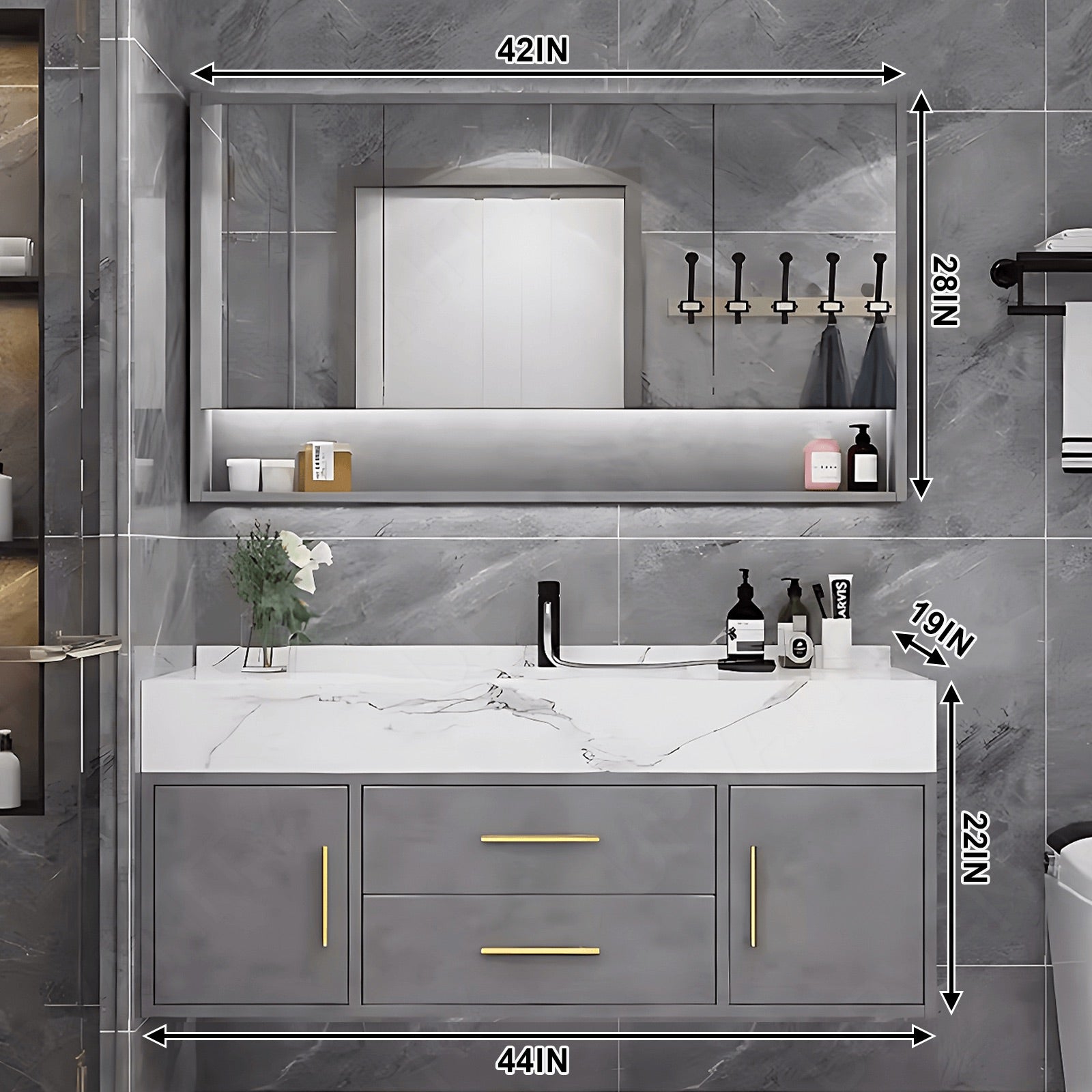 Modern Bath Vanity Set, Gray, White Slate Top, 32"- 48", Single, Floating, Smart LED Mirror, Rear Cabinet