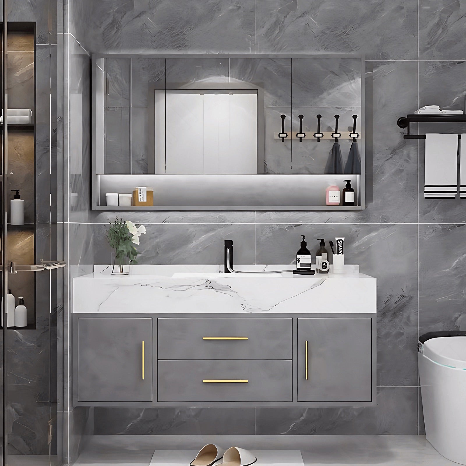 Modern Bath Vanity Set, Gray, White Slate Top, 32"- 48", Single, Floating, Smart LED Mirror, Rear Cabinet
