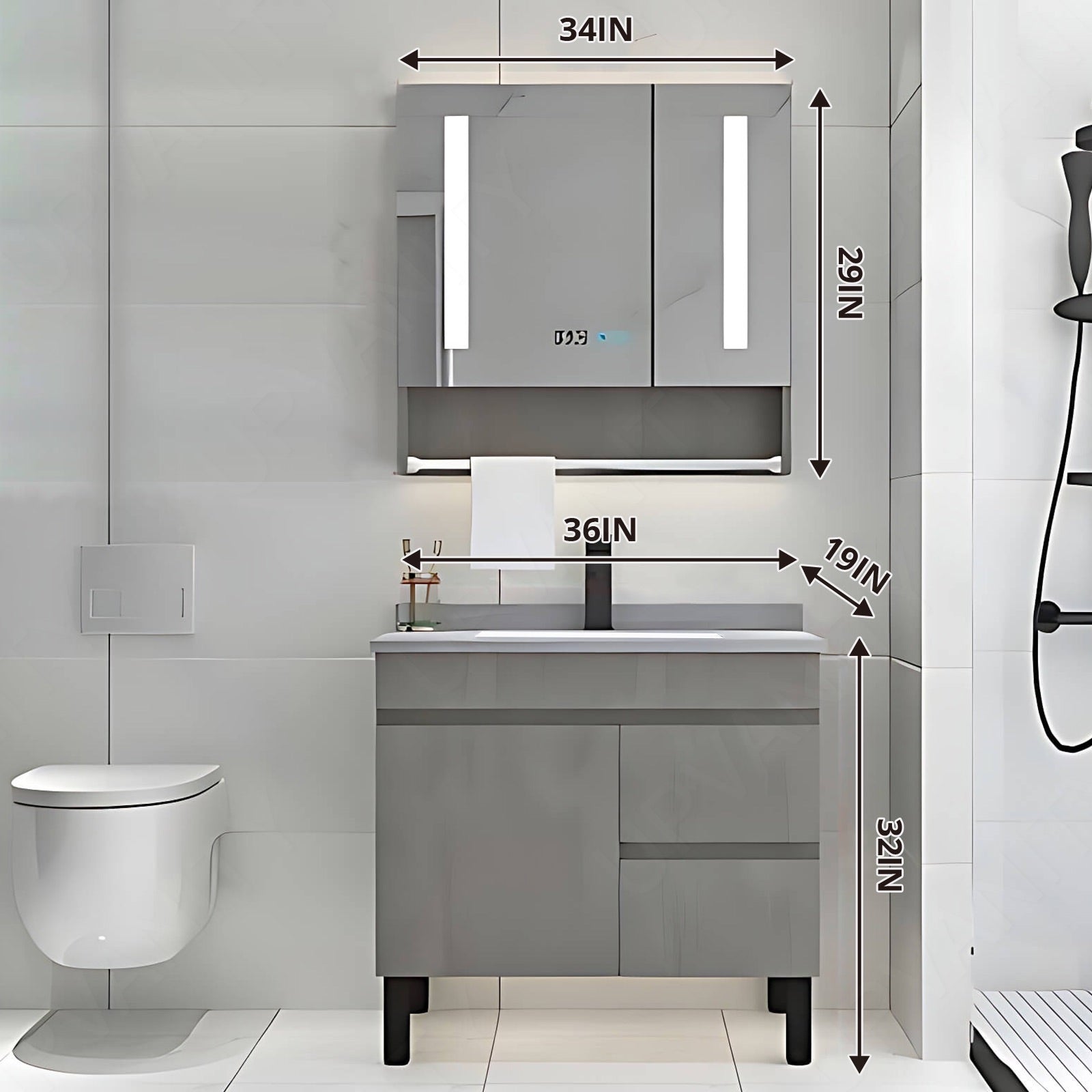 Modern Bath Vanity Set, Gray, White Slate Top, 32"- 48", Single, Freestanding, Smart LED Mirror, Rear Cabinet, Towel Rack