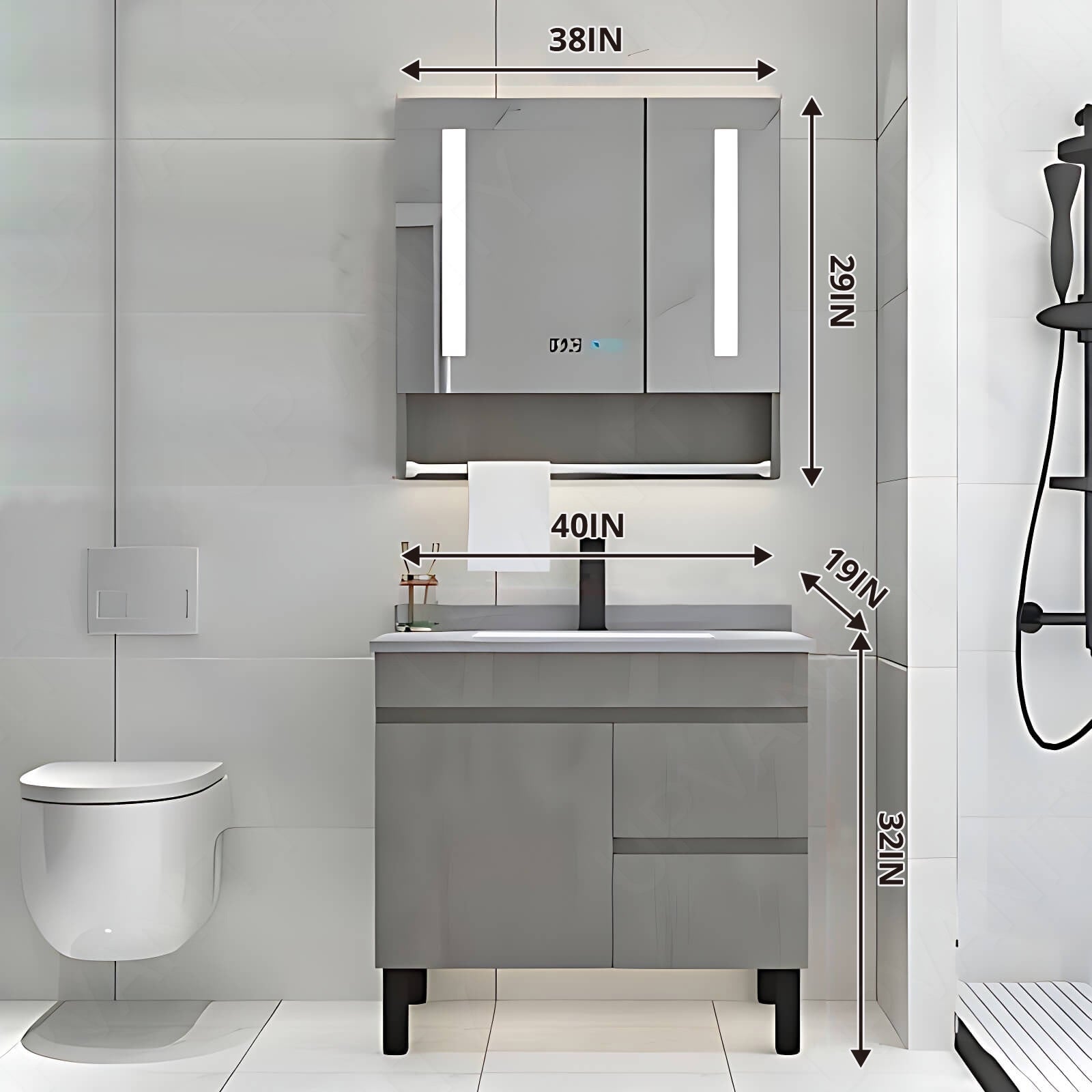 Modern Bath Vanity Set, Gray, White Slate Top, 32"- 48", Single, Freestanding, Smart LED Mirror, Rear Cabinet, Towel Rack