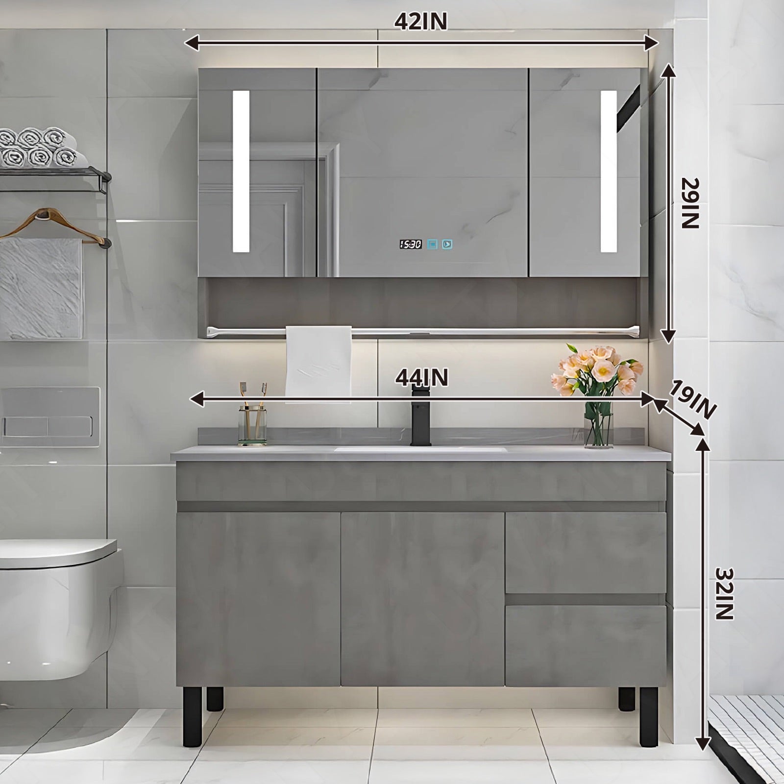 Modern Bath Vanity Set, Gray, White Slate Top, 32"- 48", Single, Freestanding, Smart LED Mirror, Rear Cabinet, Towel Rack