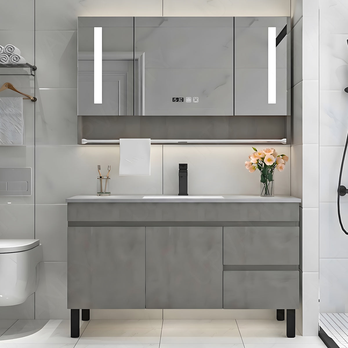 Modern Bath Vanity Set, Gray, White Slate Top, 32"- 48", Single, Freestanding, Smart LED Mirror, Rear Cabinet, Towel Rack