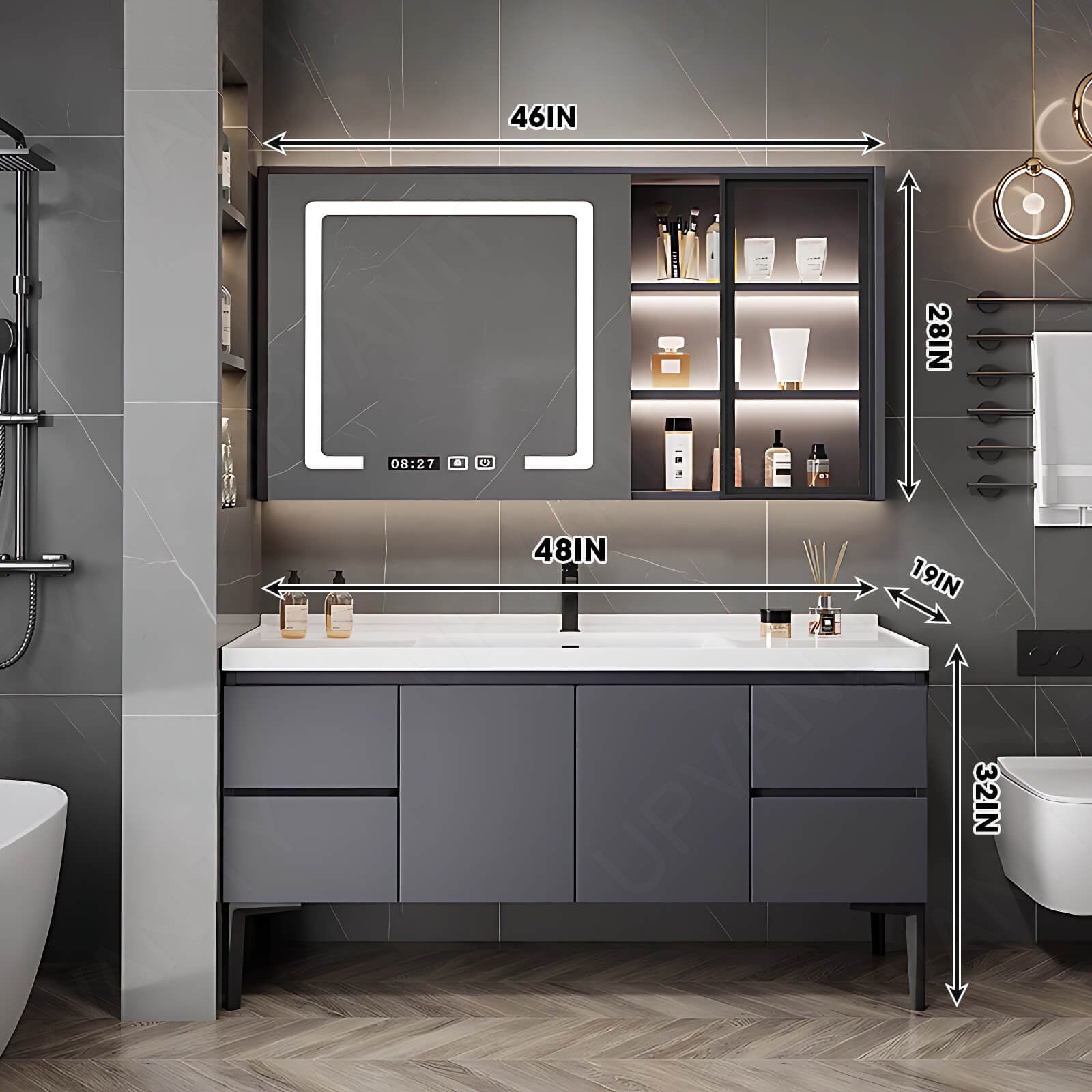 Modern Bath Vanity Set, Gray, White Slate Top, 32"-60", Single, Freestanding, Glass Door, Smart LED Mirror, Rear/Side Cabinet