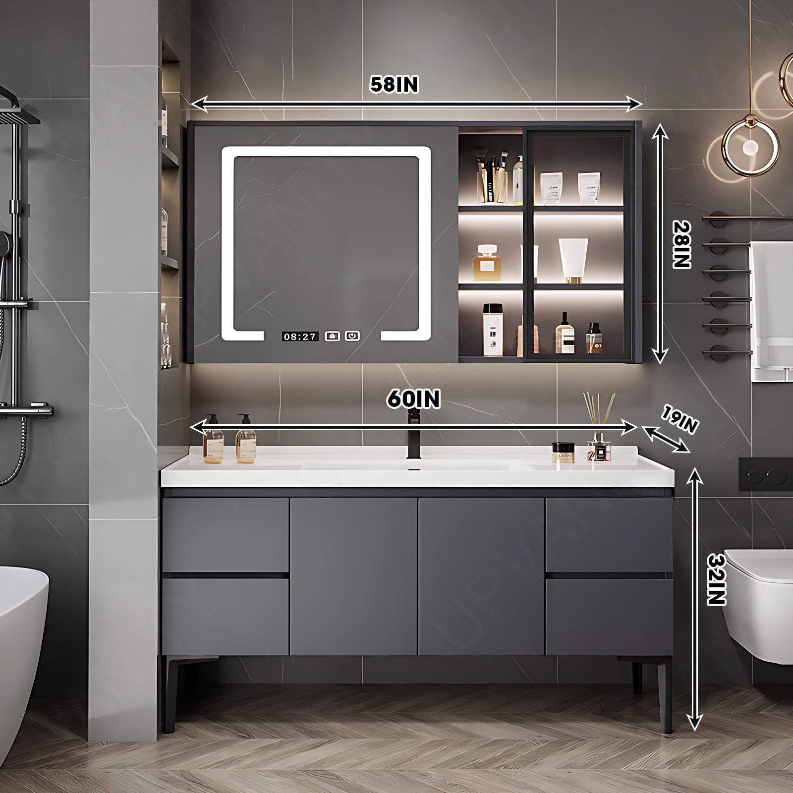 Modern Bath Vanity Set, Gray, White Slate Top, 32"-60", Single, Freestanding, Glass Door, Smart LED Mirror, Rear/Side Cabinet