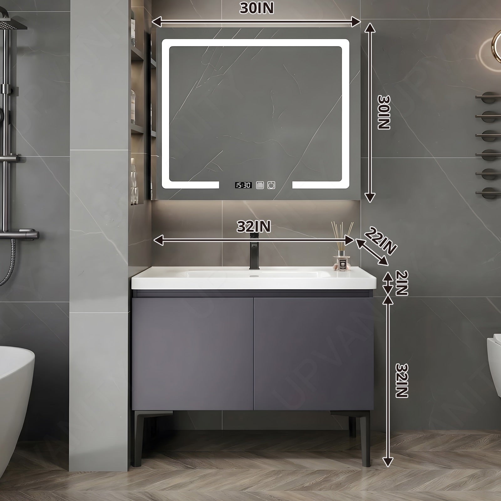 Modern Bath Vanity Set, Gray, White Slate Top, 32"-60", Single, Freestanding, Glass Door, Smart LED Mirror, Rear/Side Cabinet