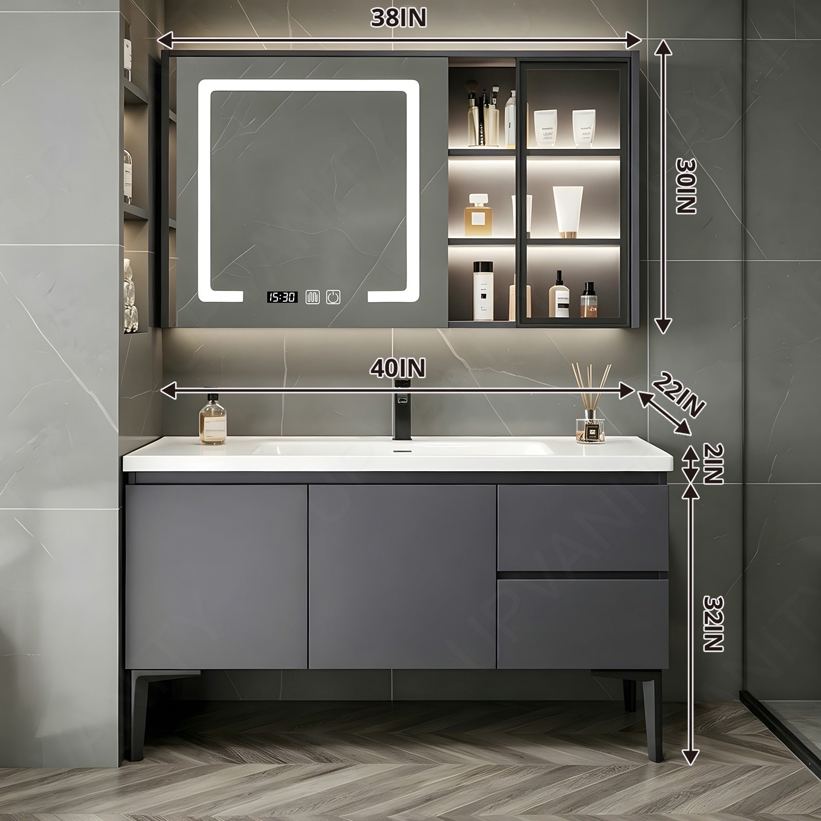Modern Bath Vanity Set, Gray, White Slate Top, 32"-60", Single, Freestanding, Glass Door, Smart LED Mirror, Rear/Side Cabinet