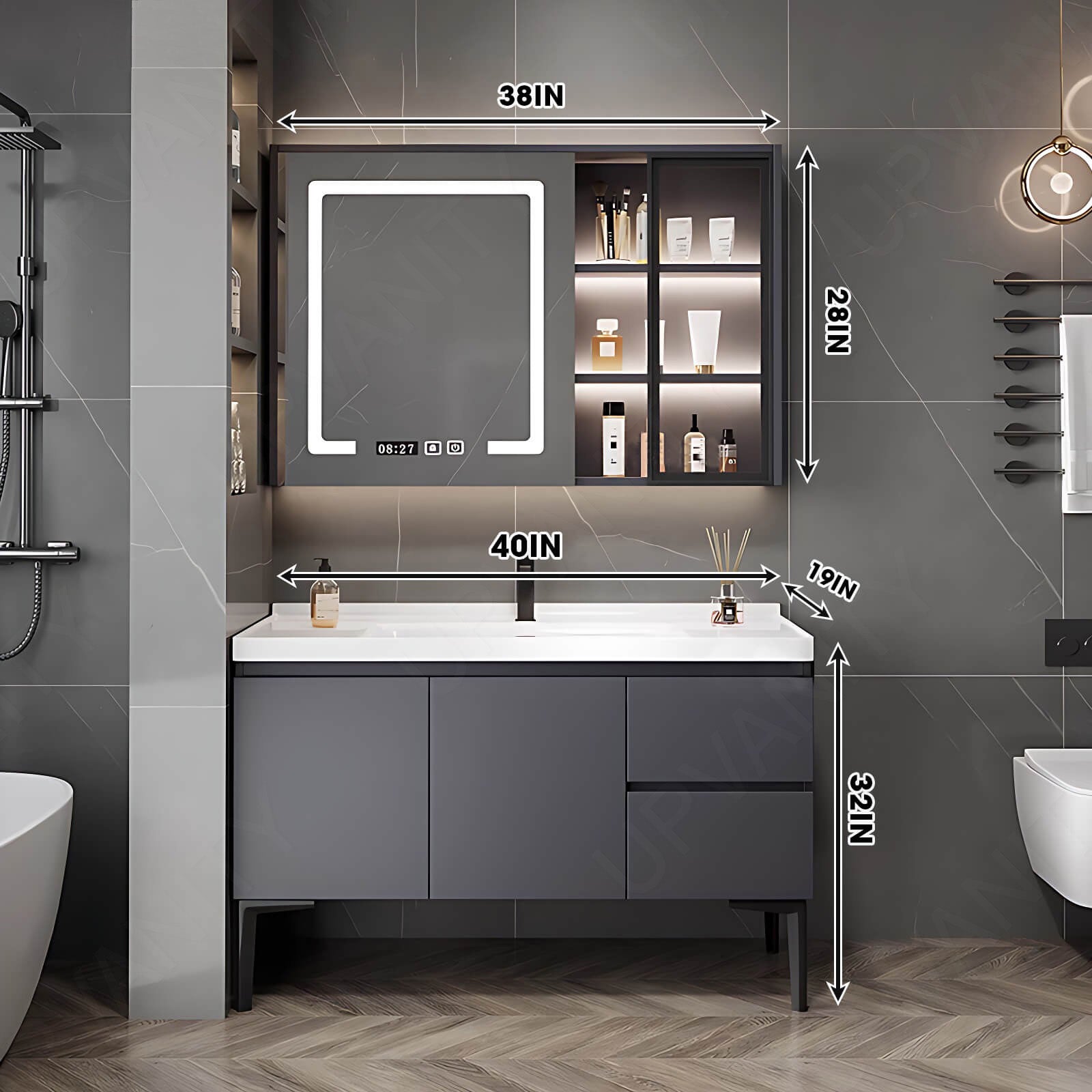 Modern Bath Vanity Set, Gray, White Slate Top, 32"-60", Single, Freestanding, Glass Door, Smart LED Mirror, Rear/Side Cabinet