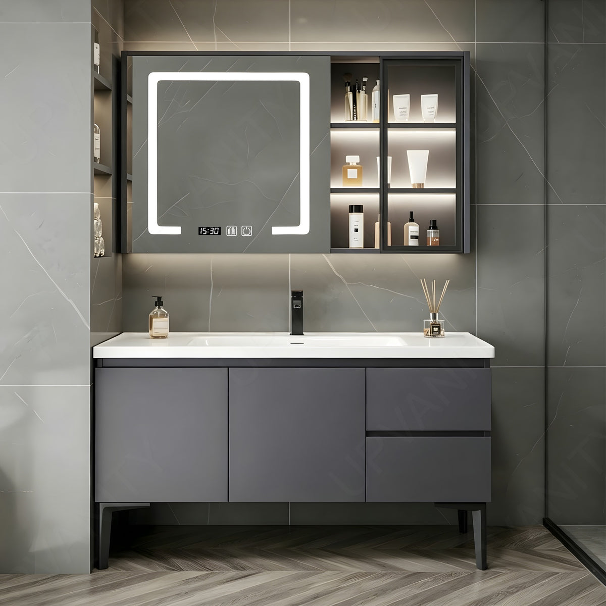 Modern Bath Vanity Set, Gray, White Slate Top, 32"-60", Single, Freestanding, Glass Door, Smart LED Mirror, Rear/Side Cabinet