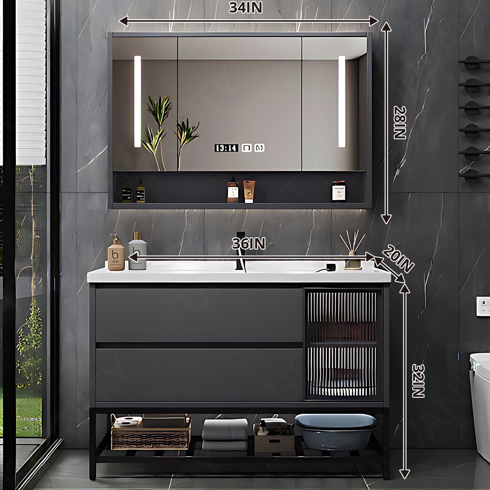 Modern Bath Vanity Set, Gray, White Slate Top, 36"-48", Single, Freestanding, Smart LED Mirror, Rear Cabinet