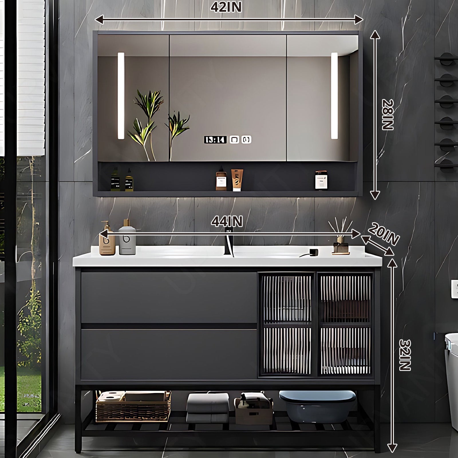 Modern Bath Vanity Set, Gray, White Slate Top, 36"-48", Single, Freestanding, Smart LED Mirror, Rear Cabinet