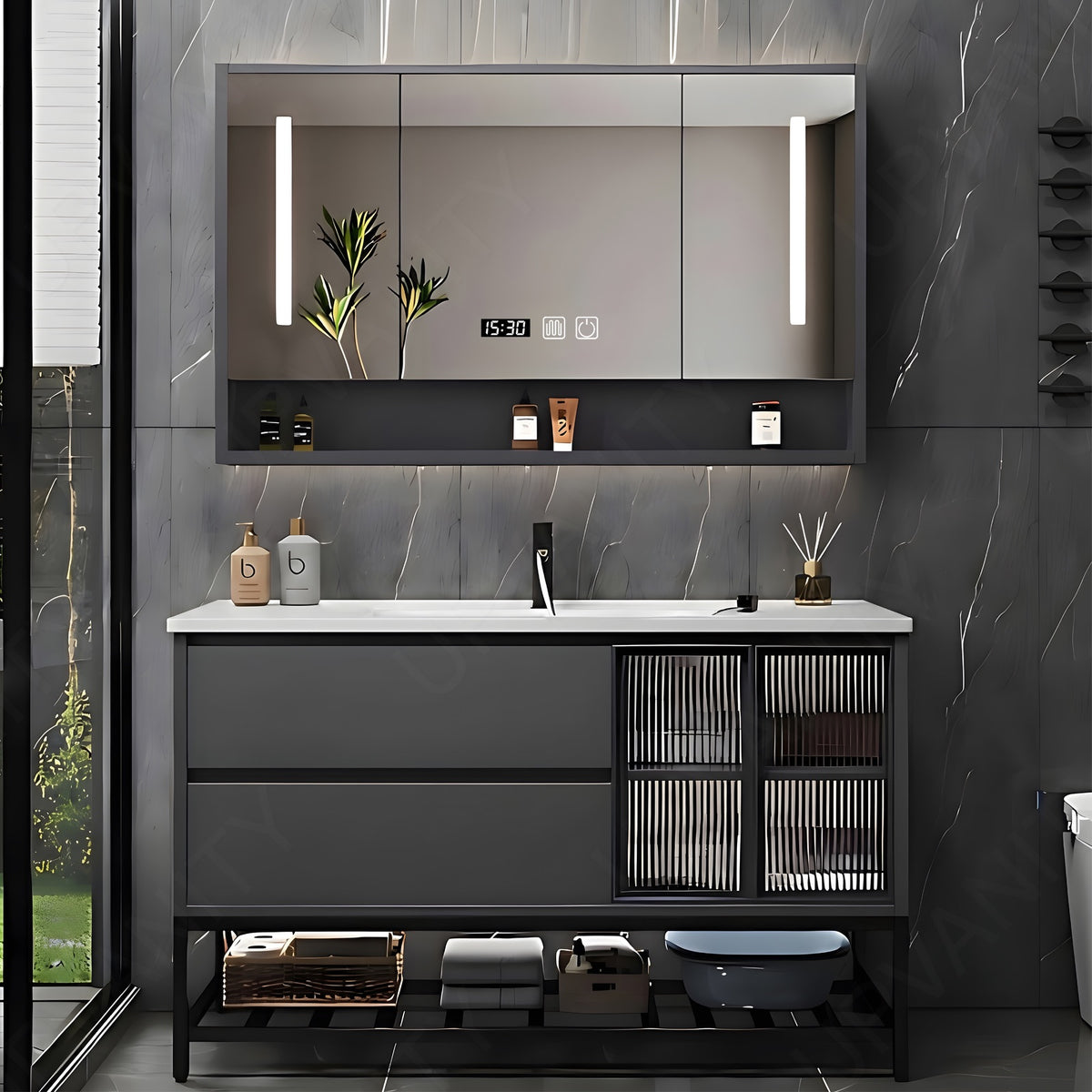 Modern Bath Vanity Set, Gray, White Slate Top, 36"-48", Single, Freestanding, Smart LED Mirror, Rear Cabinet