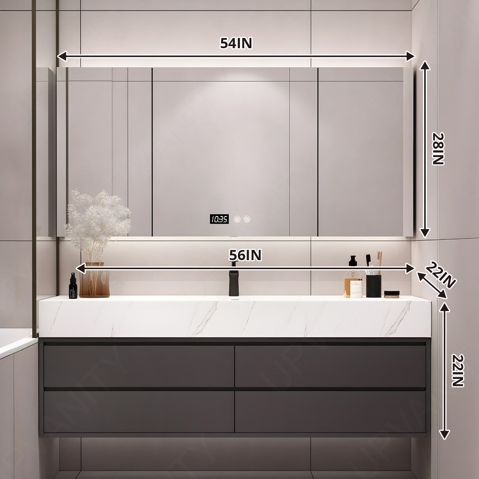 Modern Bath Vanity Set, Gray, White Slate Top, 36"-64", Single, Floating, Smart LED Mirror, Rear Cabinet