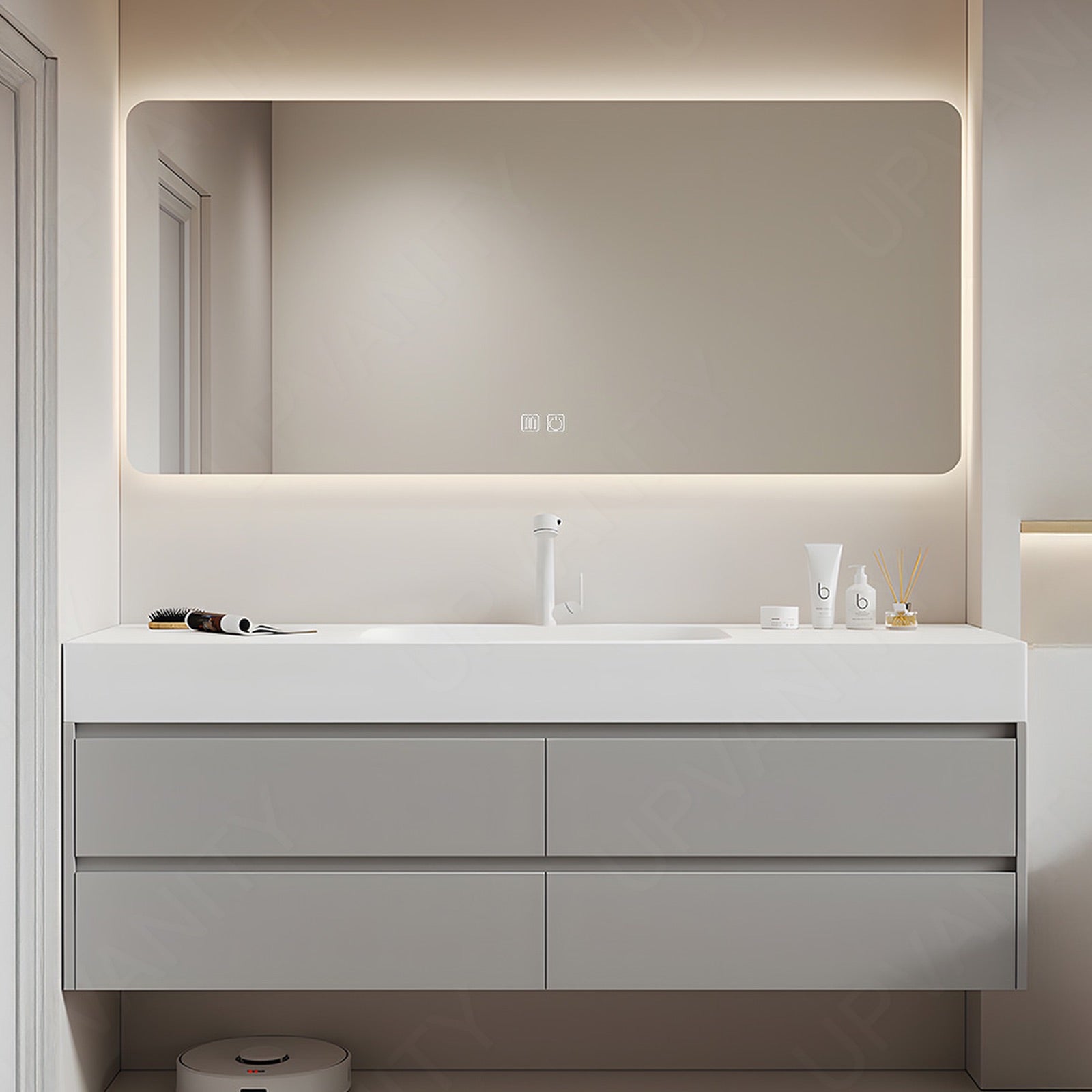 Modern Bathroom Vanity Set, Gray, White Slate Top, 40"-56", Single, Floating, Sectional Storage, Smart LED Mirror