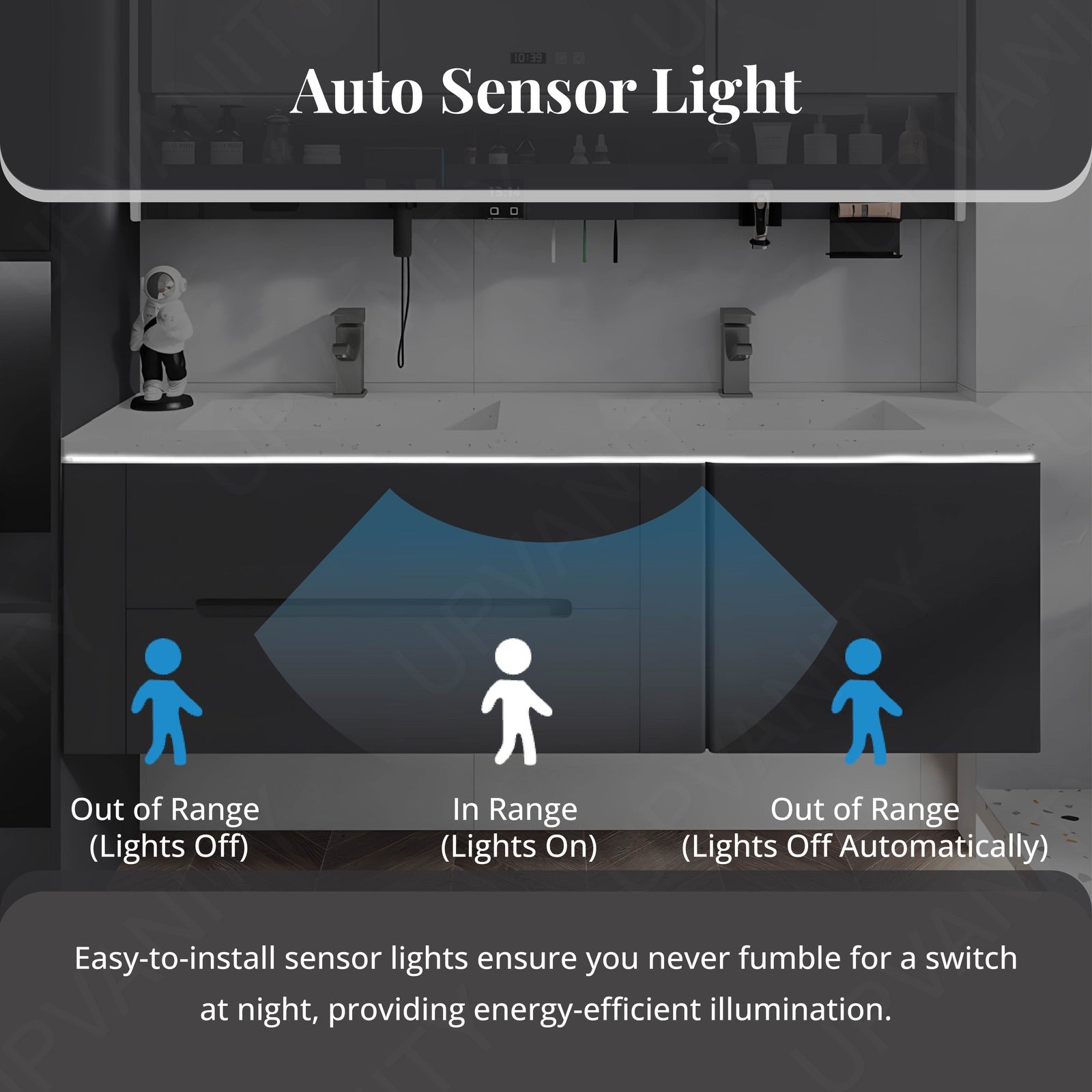 Modern Bath Vanity Set, Gray, White Slate Top, 40"-60", Double, Floating, Smart LED Mirror, Rear Cabinet, Storage Rack, Sensor Light