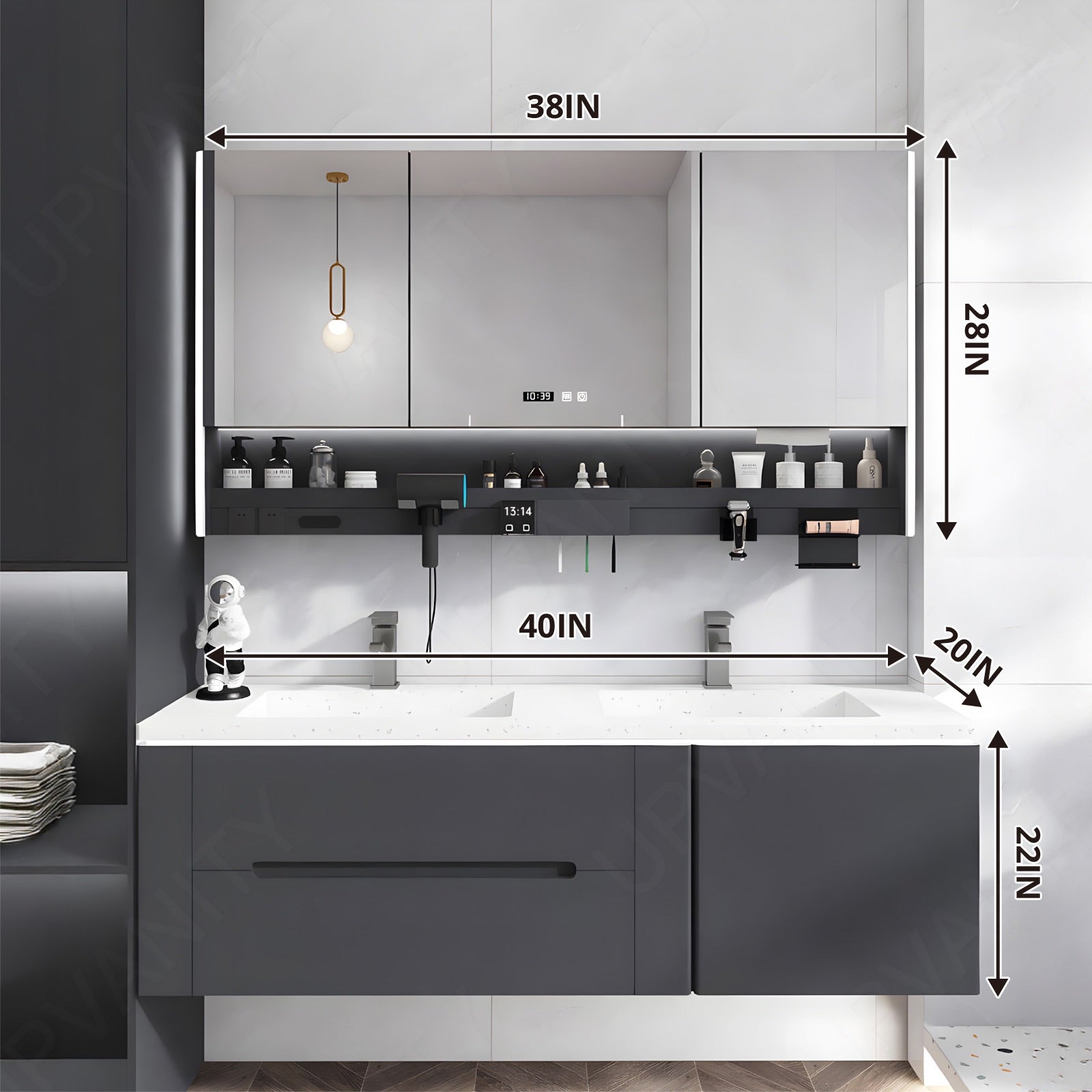 Modern Bath Vanity Set, Gray, White Slate Top, 40"-60", Double, Floating, Smart LED Mirror, Rear Cabinet, Storage Rack, Sensor Light