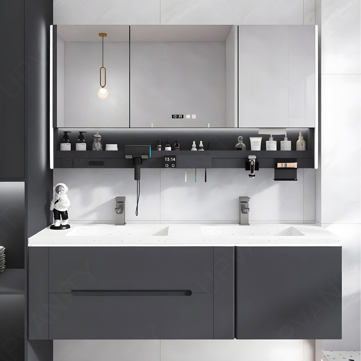 Modern Bath Vanity Set, Gray, White Slate Top, 40"-60", Double, Floating, Smart LED Mirror, Rear Cabinet, Storage Rack, Sensor Light