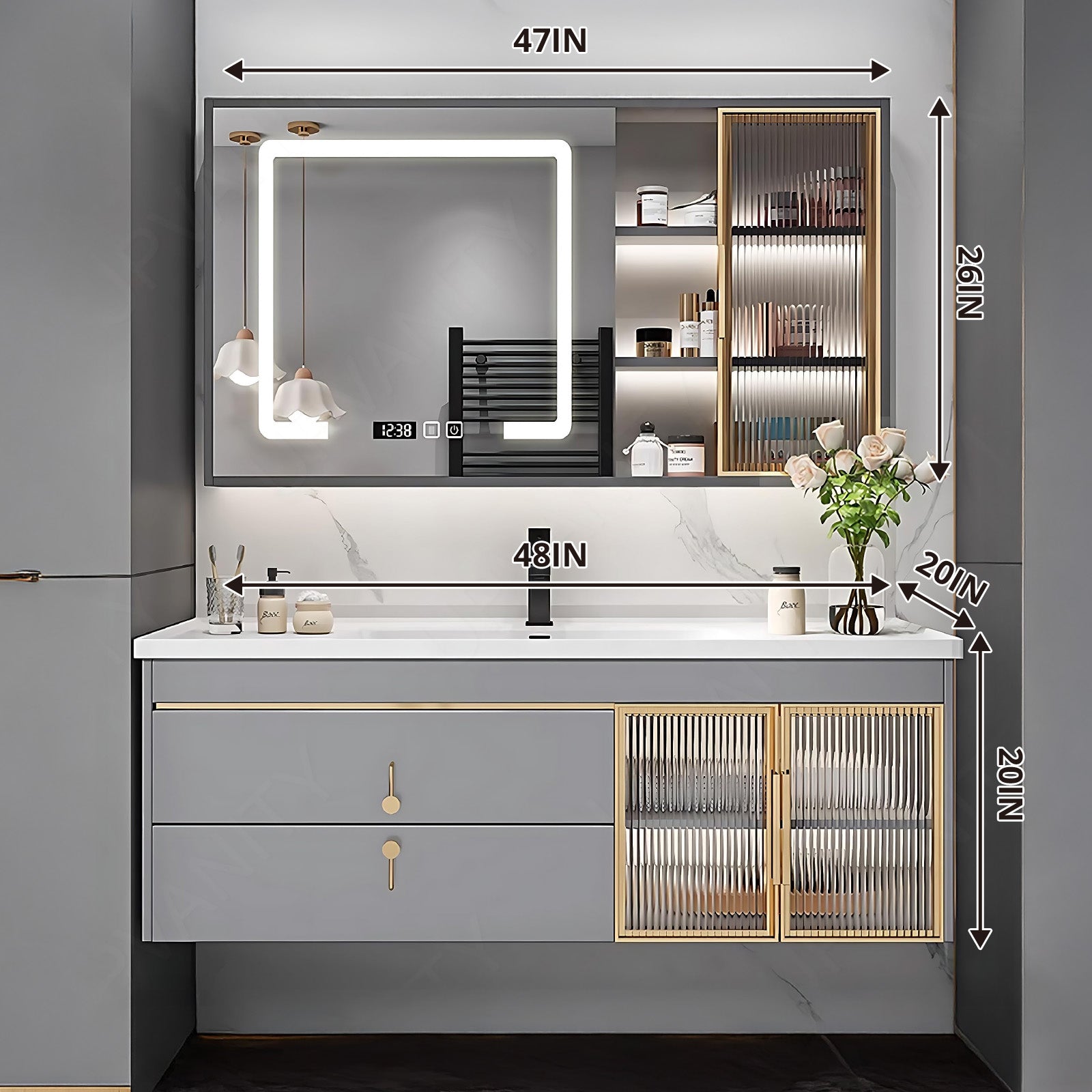 Modern Bath Vanity Set, Gray, White Slate Top, 44"- 48", Single, Floating, Glass Door, Smart LED Mirror, Rear/Side Cabinet
