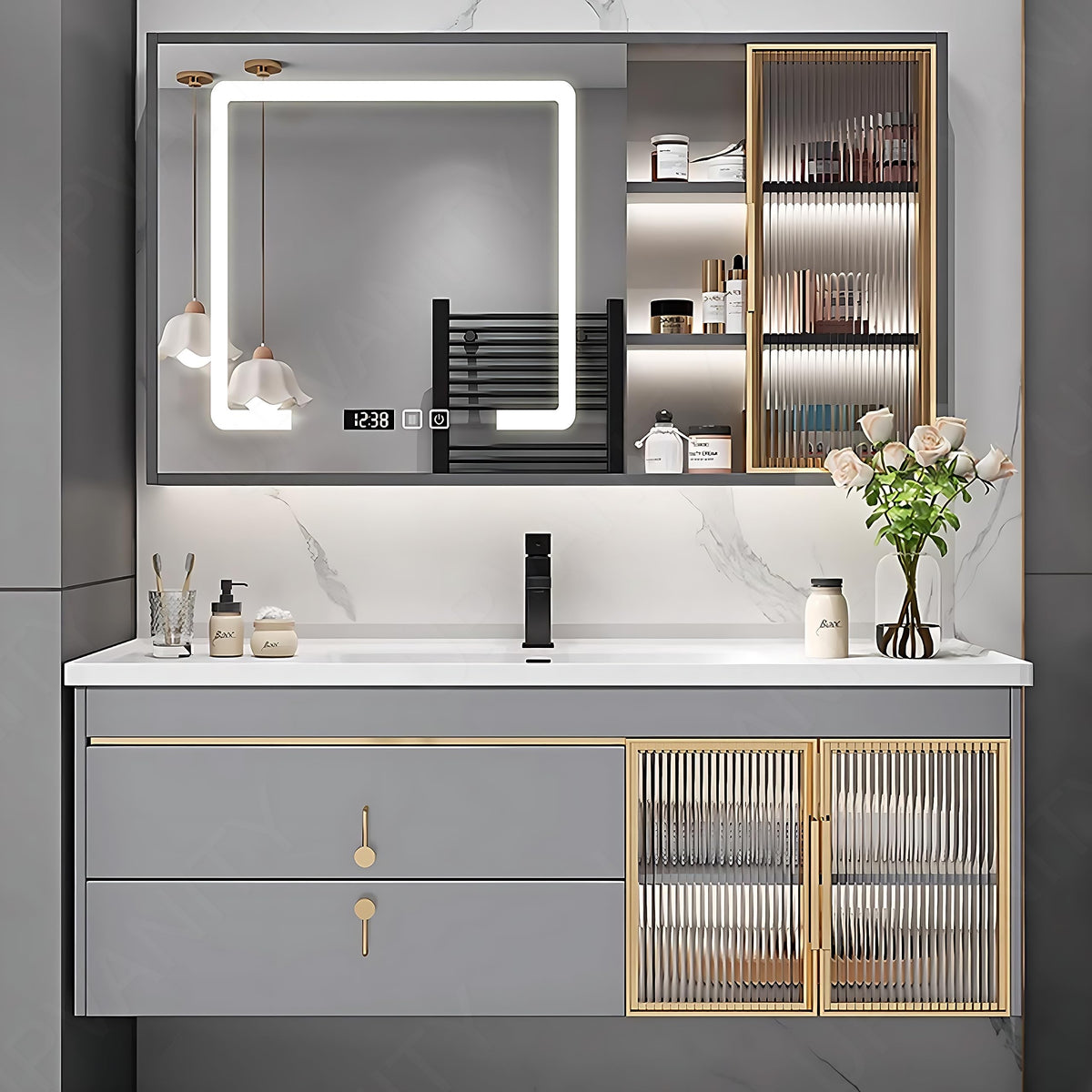 Modern Bath Vanity Set, Gray, White Slate Top, 44"- 48", Single, Floating, Glass Door, Smart LED Mirror, Rear/Side Cabinet