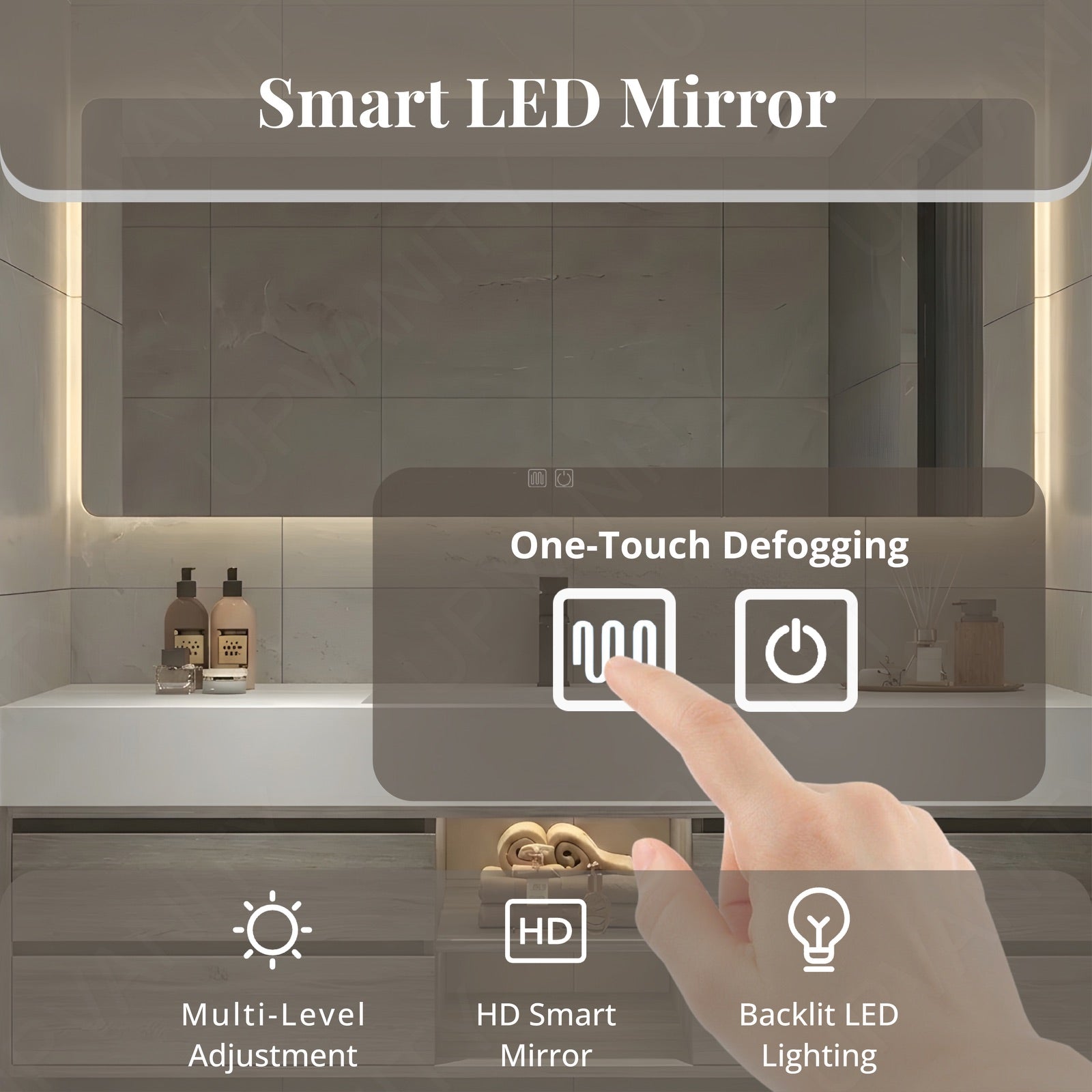 Modern Bath Vanity Set, Gray, White Slate Top, 48"-64", Single, Floating, Open Storage, Smart LED Mirror