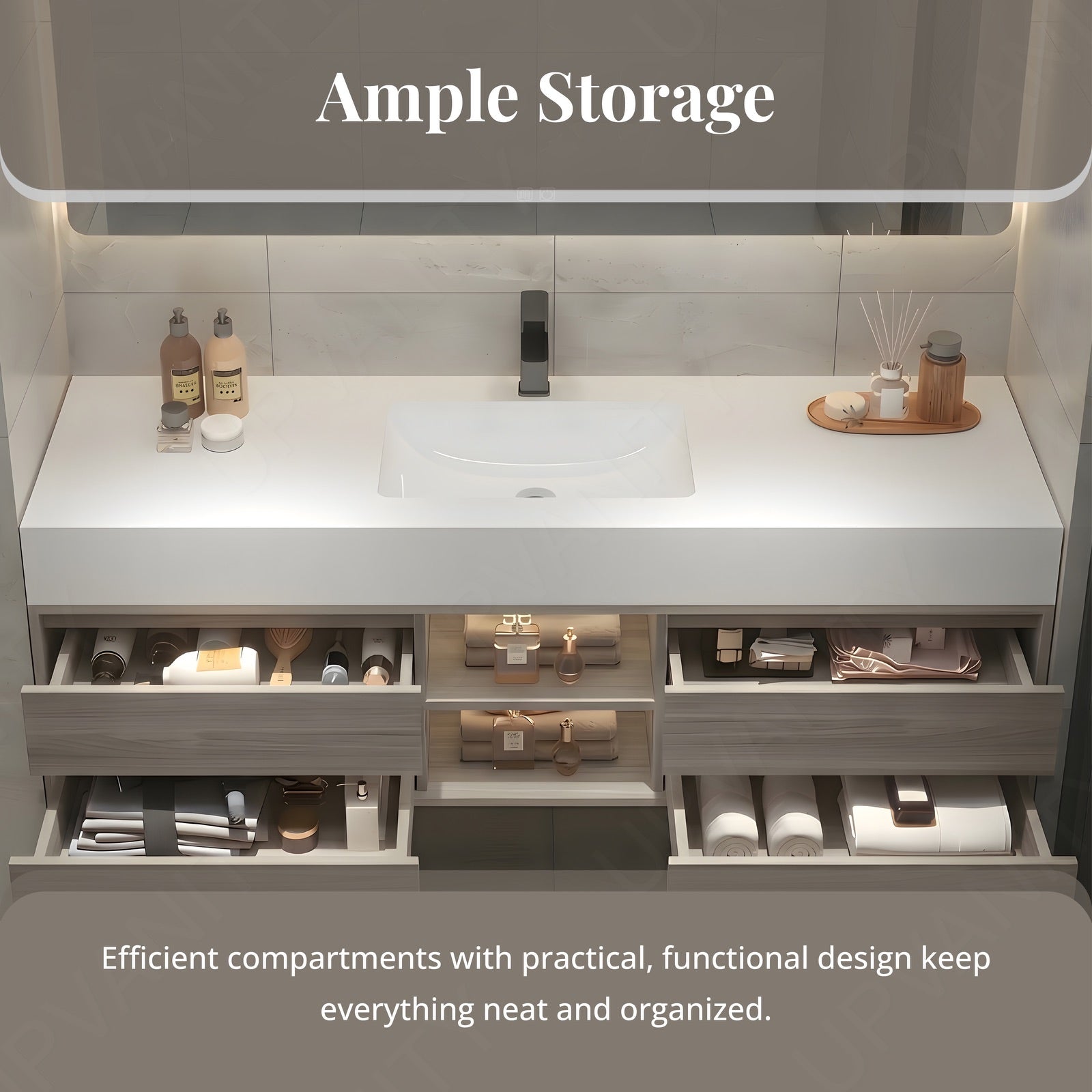Modern Bath Vanity Set, Gray, White Slate Top, 48"-64", Single, Floating, Open Storage, Smart LED Mirror