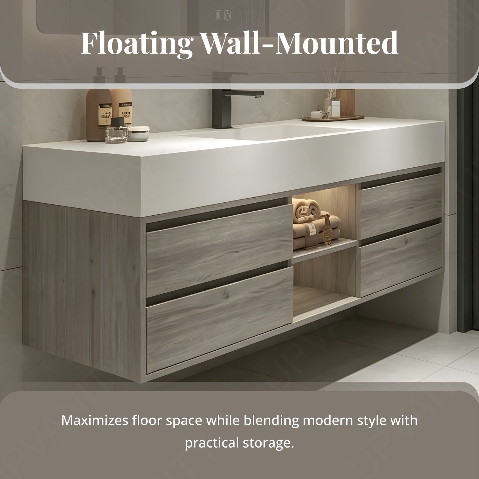 Modern Bath Vanity Set, Gray, White Slate Top, 48"-64", Single, Floating, Open Storage, Smart LED Mirror