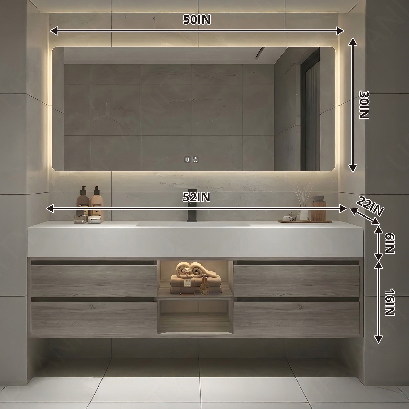 Modern Bath Vanity Set, Gray, White Slate Top, 48"-64", Single, Floating, Open Storage, Smart LED Mirror