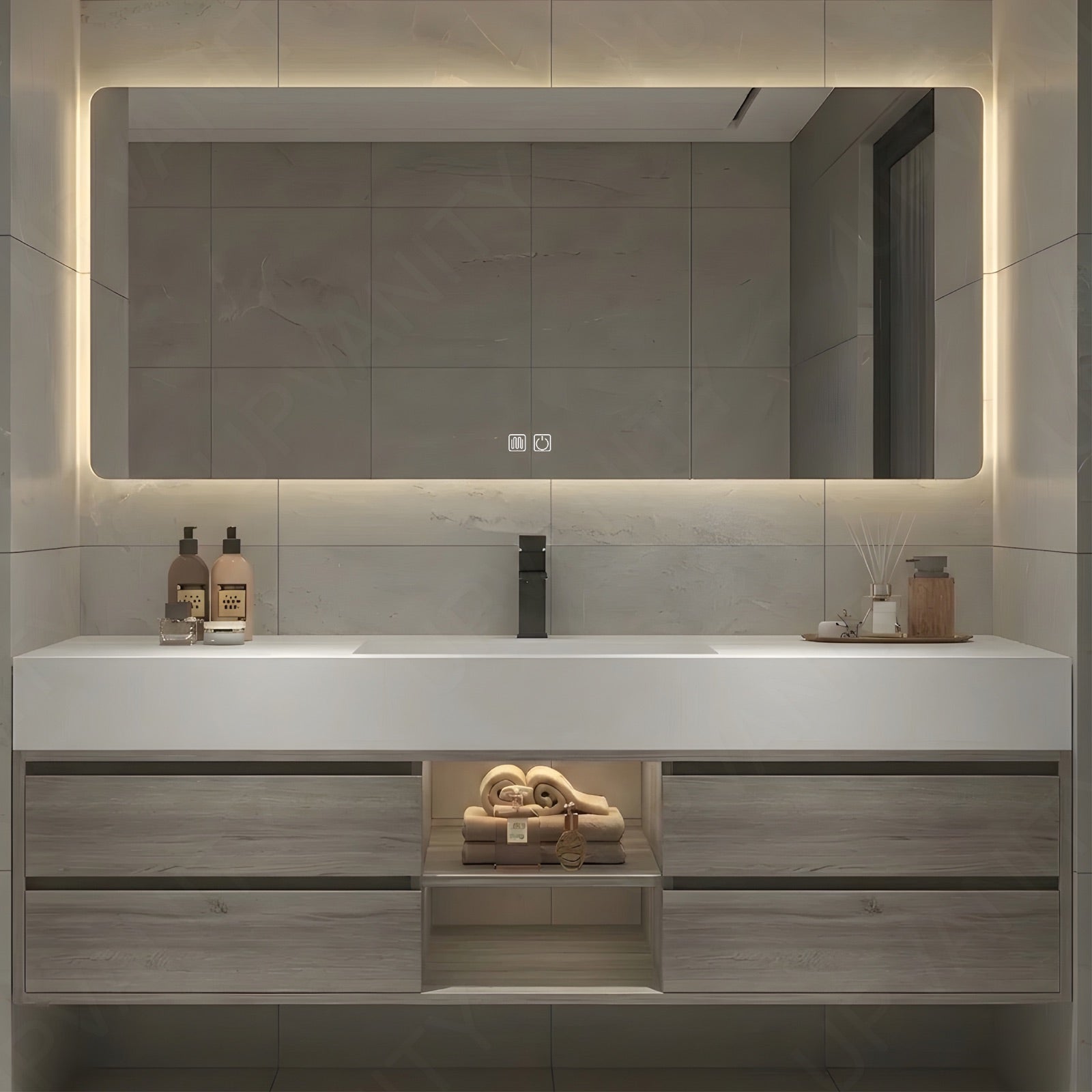Modern Bath Vanity Set, Gray, White Slate Top, 48"-64", Single, Floating, Open Storage, Smart LED Mirror