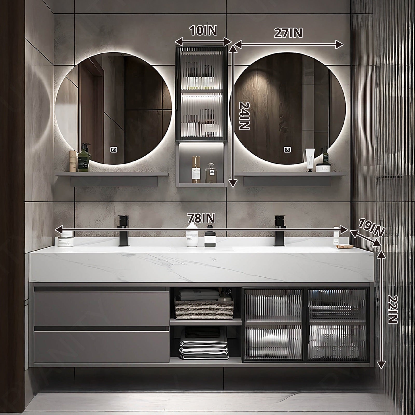 Modern Bath Vanity Set, Gray, White Slate Top, 52"-78", Double, Floating, Glass Door, Round Smart LED Mirror, Side Cabinet