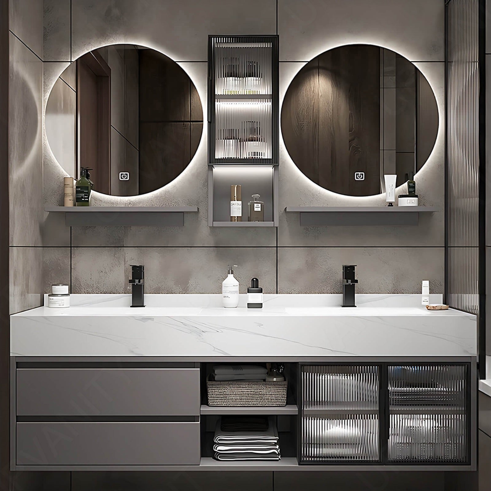 Modern Bath Vanity Set, Gray, White Slate Top, 52"-78", Double, Floating, Glass Door, Round Smart LED Mirror, Side Cabinet